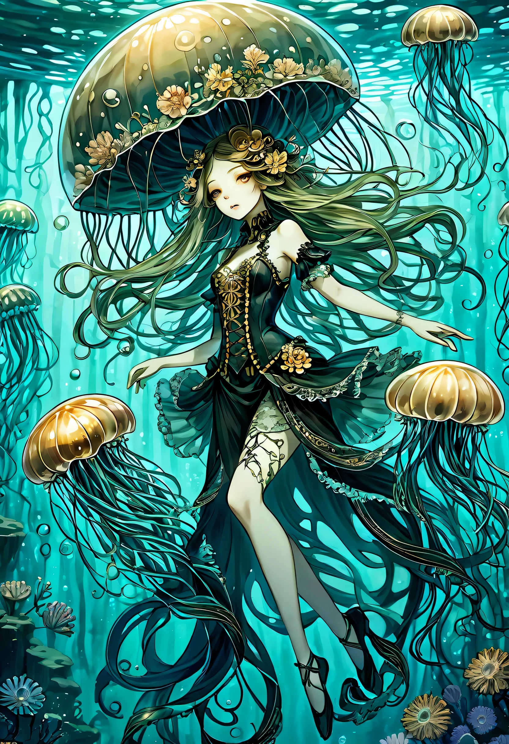 Beautiful flower jellyfish floating gracefully, Drifting and creating eerie mysteries, Wolf-like face, mysterious underwater kingdom, Steampunk otherworldly ruins with deep abyss, semi-transparent creatures, The grace of fantastic fantasy, Tentacle pattern that follows in a flowing manner, detailed decorative paintings, Many small jellyfish, intricate and detailed, stunning realism illustrations, Delicate vines sparkle in a mesmerizing dance, really numbers, Exquisite and fascinating pieces centered around gold and black,