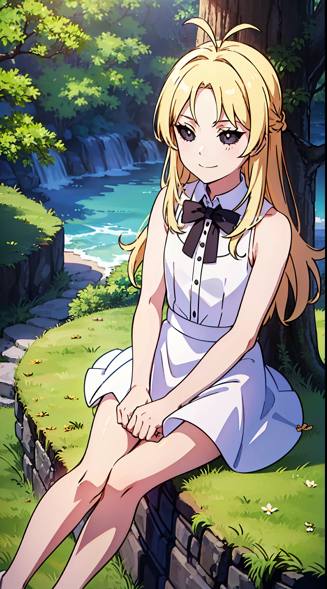 (1girl,10 years old,small),long hair,blonde hair,white dress,sleeveless,bow tie,bare shoulders,(sitting in grass,tree),happy,smile,black sclera,black eyes,(((hair 2antenna)))