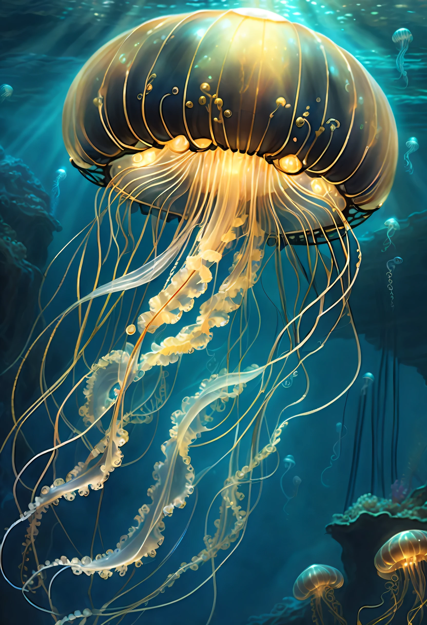 Elegant floating electronic jellyfish, A tranquil underwater world that drifts and creates eerie mysteries, Another world of steampunk deep abyss, Translucent creatures move gracefully, Tentacles trailing behind like flowing ornaments, silk robes. Painting small parts, Amazingly realistic jellyfish, Delicate vines catch the light and perform a mesmerizing dance, A fascinating piece made mainly of gold and black.,