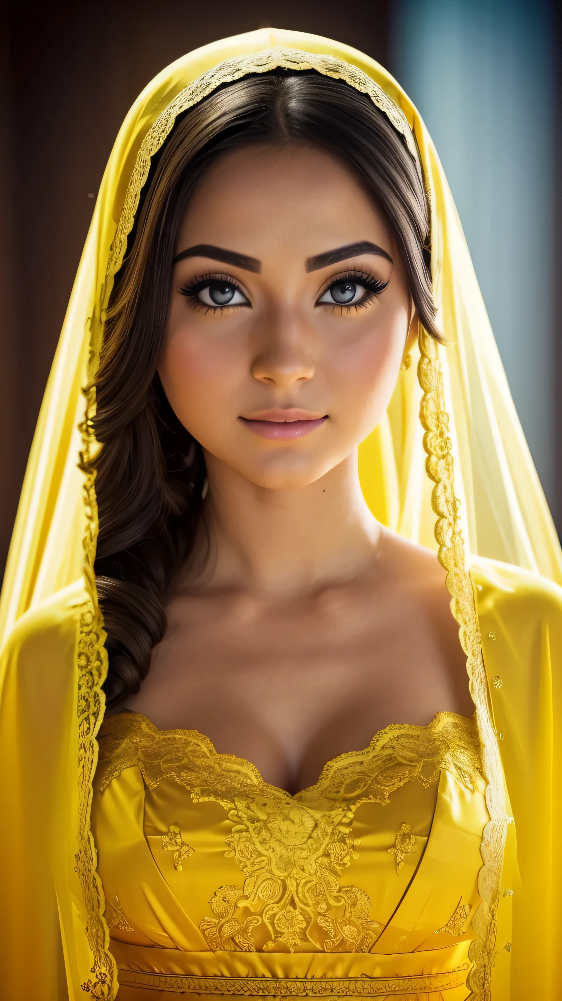 (suor:0.7),Vestido de noiva amarelo claro,saia curta branca,Mulher,Japanese,Rosto requintado, rosto bonito,ombros nus,ombros ligeiramente expostos,translucent skin,olhos pretos,cabelo preto,(fotorrealista:1.4),detalhes realistas, high resolution,bokeh,Detalhes excelentes