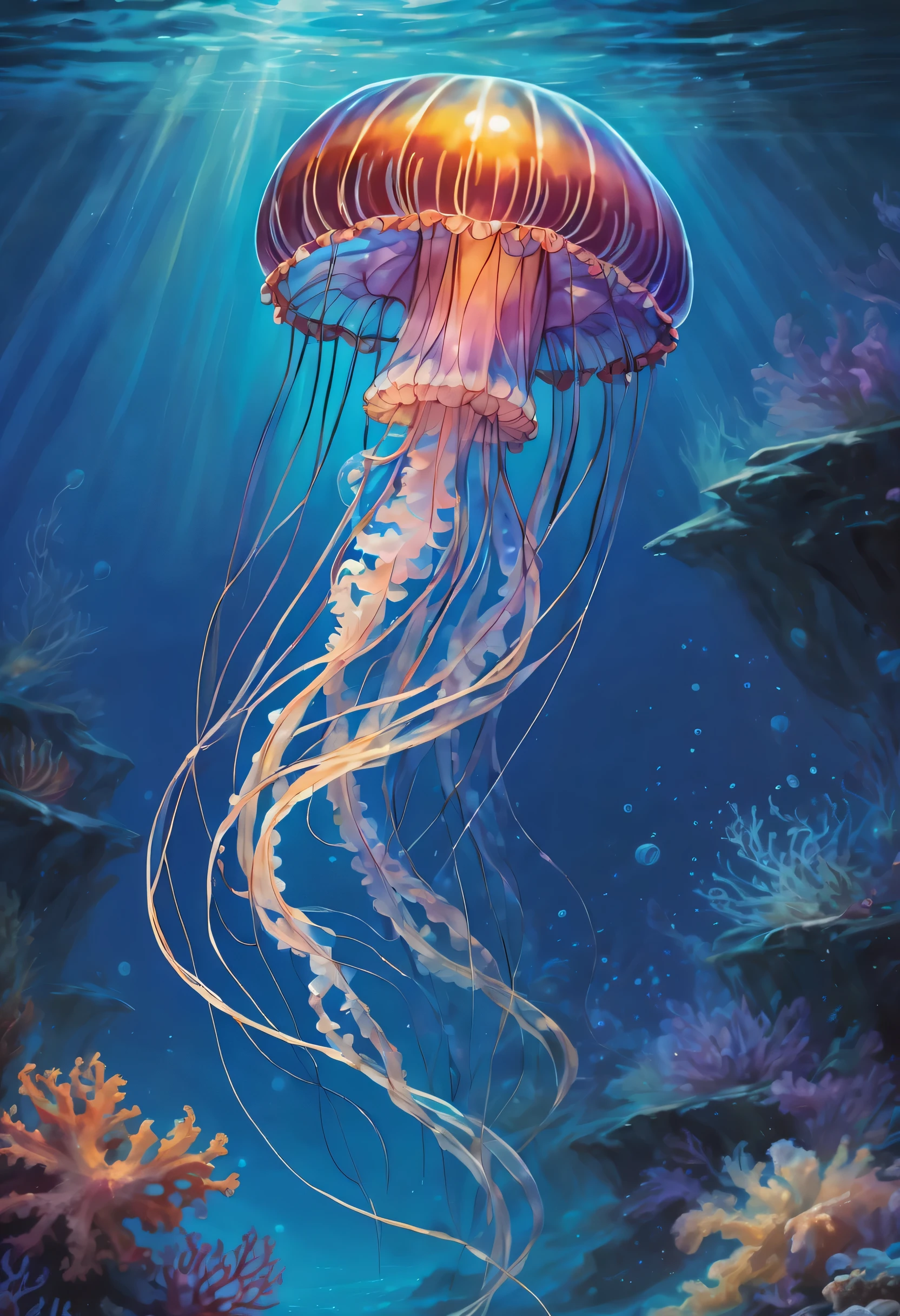 Queen of the Abyss of Another World, Jellyfish floating gracefully, Transparent body shines gracefully, Like sliding through crystal clear water, Be fascinated by the vivid and detailed pictures, Delicate tentacles trail behind like a bundle of dim liquid., Inspiration for quiet elegance, The bright colors of jellyfish、Beautiful cool blue contrast, With the sea in the background, Every tiny detail is depicted with amazing accuracy, Show off the intricate beauty of this marine wonder, Look at this exquisite artwork、It feels like you&#39;re diving, To the quiet underwater world, Where jellyfish reign as kindness, High contrast gradation contrast,