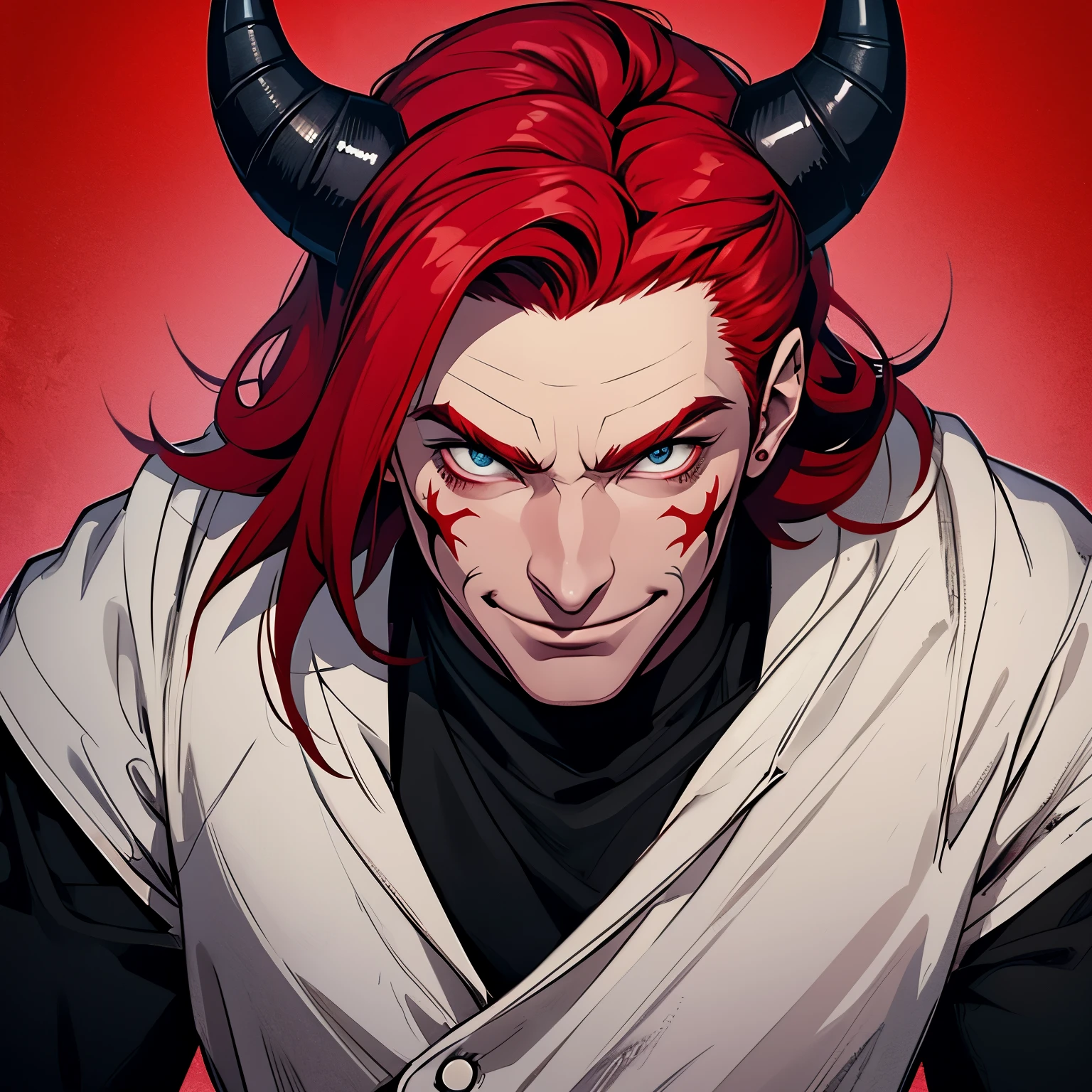 A demon male with red hair and black horns. He wears a suit and a full face smile psycho mask