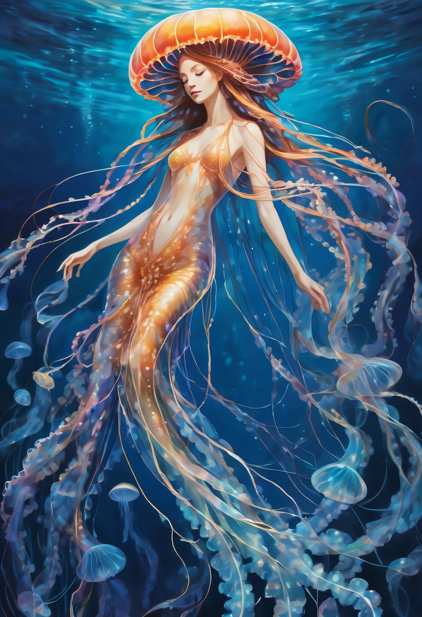 Queen of the Abyss of Another World, Jellyfish floating gracefully, Transparent body shines gracefully, Like sliding through crystal clear water, Be fascinated by the vivid and detailed pictures, Delicate tentacles trail behind like a bundle of dim liquid., Inspiration for quiet elegance, The bright colors of jellyfish、Beautiful cool blue contrast, With the sea in the background, Every tiny detail is depicted with amazing accuracy, Show off the intricate beauty of this marine wonder, Look at this exquisite artwork、It feels like you&#39;re diving, To the quiet underwater world, Where jellyfish reign as kindness, High contrast gradation contrast,