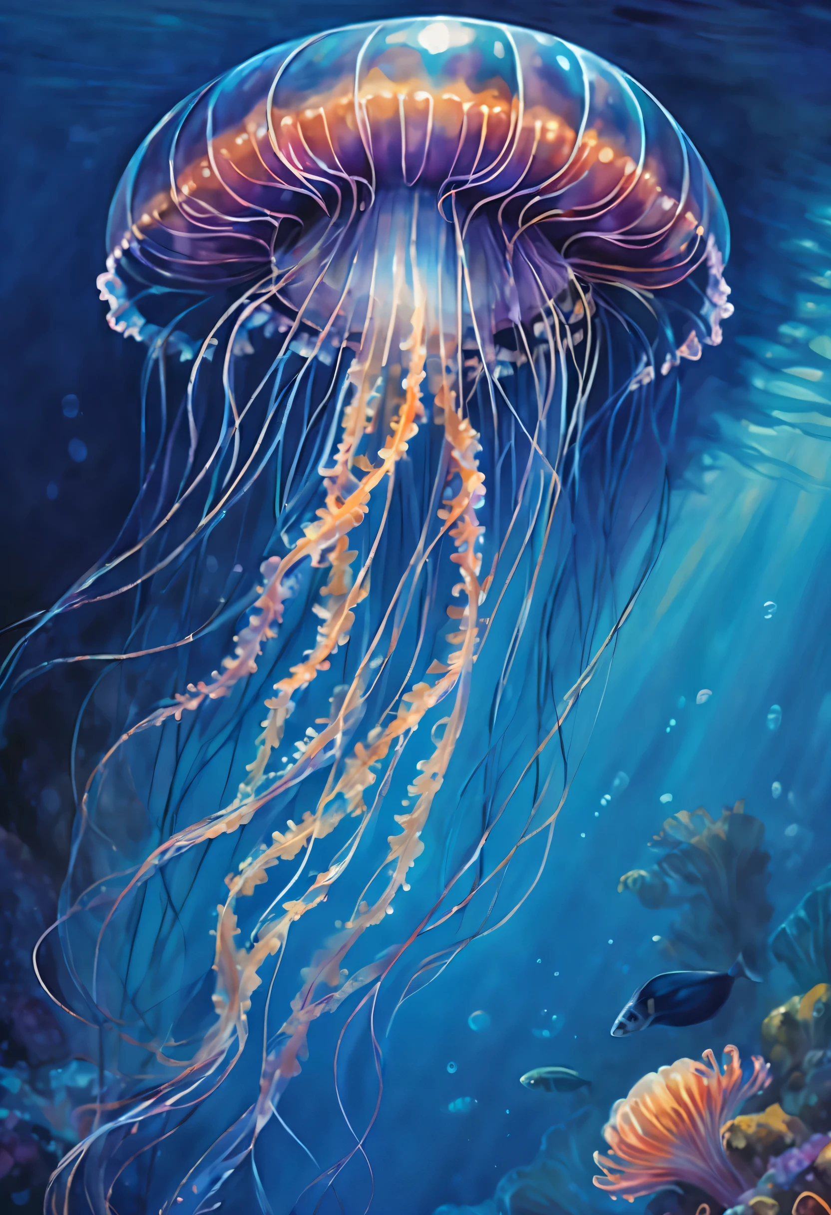Queen of the Abyss of Another World, Jellyfish floating gracefully, Transparent body shines gracefully, Like sliding through crystal clear water, Be fascinated by the vivid and detailed pictures, Delicate tentacles trail behind like a bundle of dim liquid., Inspiration for quiet elegance, The bright colors of jellyfish、Beautiful cool blue contrast, With the sea in the background, Every tiny detail is depicted with amazing accuracy, Show off the intricate beauty of this marine wonder, Look at this exquisite artwork、It feels like you're diving, To the quiet underwater world, Where jellyfish reign as kindness, High contrast gradation contrast,
