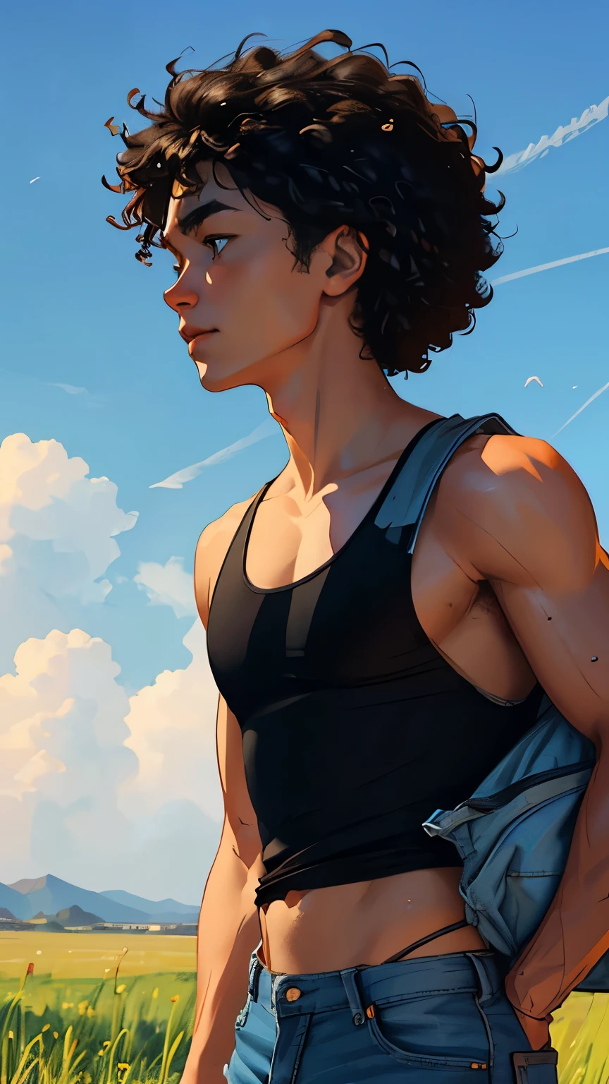 (beautiful and magnificent skyline, majestic sky), (extremely tense and dramatic pictures, moving visual effects), (high hanging Polaris, colorful natural light), (1boy), (tank top, denim jens, carrying a backpack), (dynamic pose:1.3, coffe eyes, round face-curly hair, handsome boy)[:0.8], (large grassland), (oncoming breeze), (black hair and background Coordination effect: 1.2), (close shot, long shot mix and match)[::0.9]