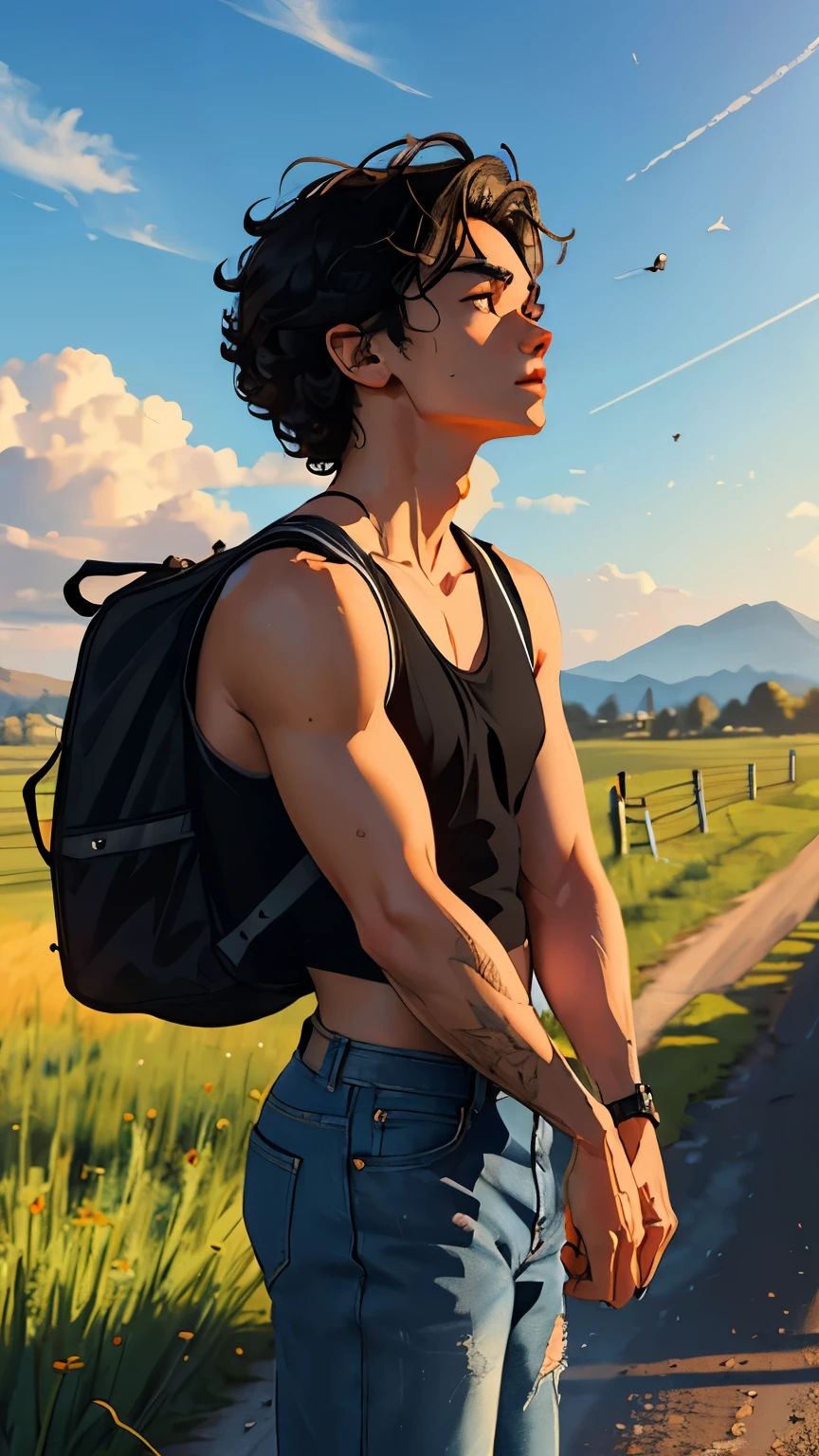 (beautiful and magnificent skyline, majestic sky), (extremely tense and dramatic pictures, moving visual effects), (high hanging Polaris, colorful natural light), (1boy), (tank top, denim jens, carrying a backpack), (dynamic pose:1.3, coffe eyes, round face-curly hair, handsome boy)[:0.8], (large grassland), (oncoming breeze), (black hair and background Coordination effect: 1.2), (close shot, long shot mix and match)[::0.9]