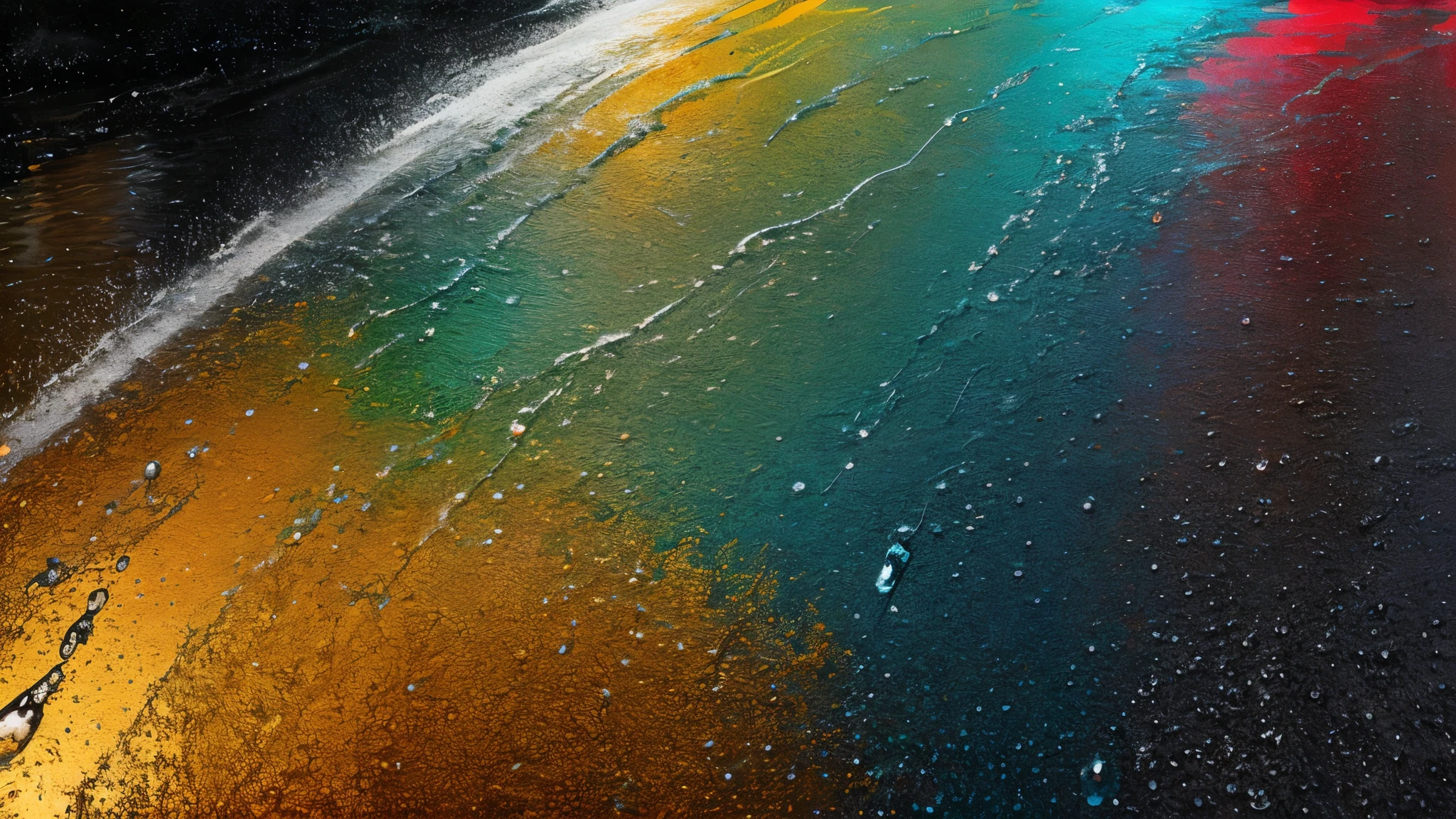 An abstract depiction of hard metal gradually dissolving into liquid drops, with the surroundings reflecting the intense heat and transformation, Abstract Artwork, digital painting with emphasis on texture and color transitions, --ar 16:9 --v 5