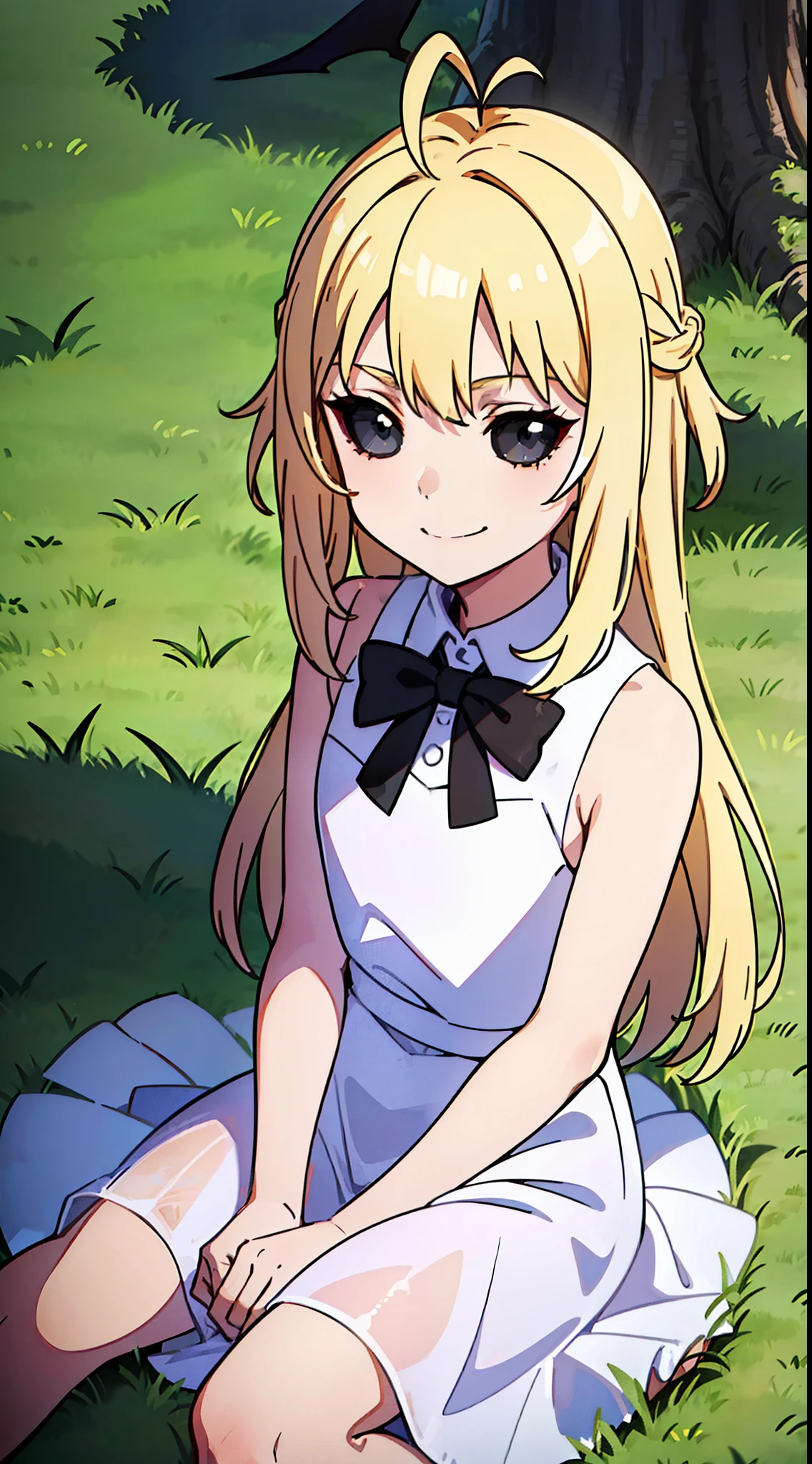 (1girl,10 years old,small),long hair,blonde hair,white dress,sleeveless,bow tie,bare shoulders,(sitting in grass,tree),happy,smile,black sclera,black eyes,(((hair black 2antenna)))