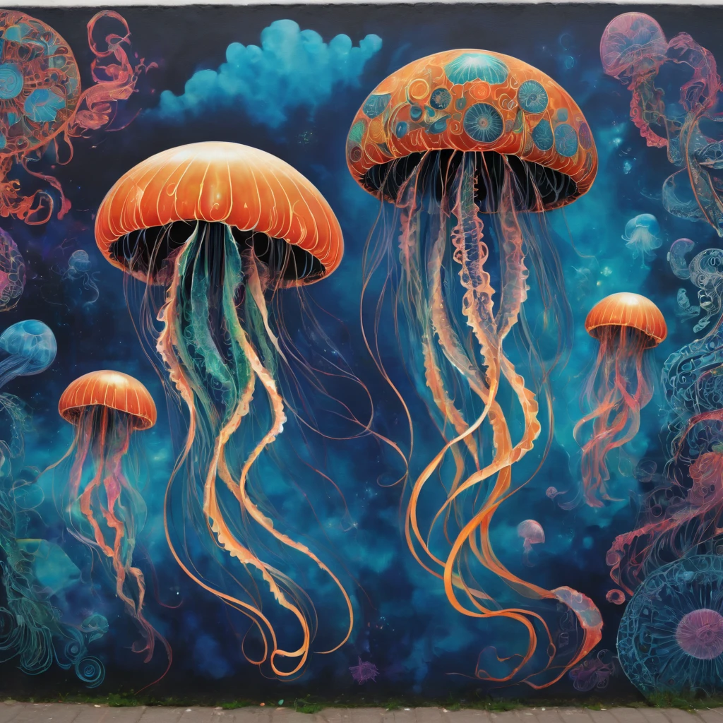 (masterpiece, best quality), magical Jellyfish, zentangle, Graffiti on street wall, signed by word "TUPU",