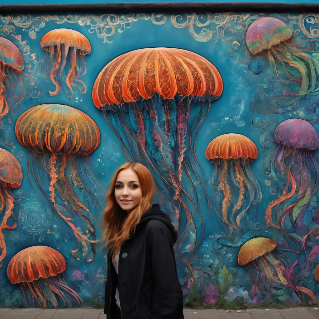 (masterpiece, best quality), magical Jellyfish, zentangle, Graffiti Comics on street wall, signed by word "TUPU",