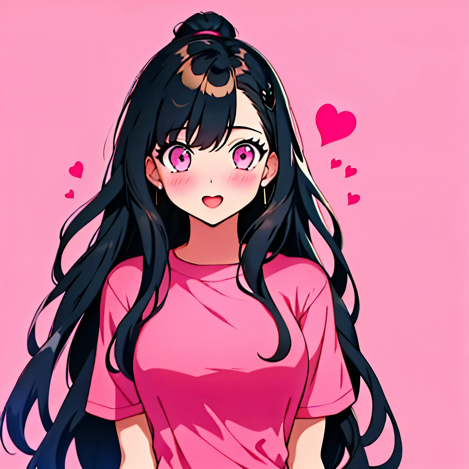 lover,1girl, black hair,bangs, heart, looking at viewer, pink background, pink shirt, pink theme, shirt, long hair, short sleeves, solo, upper body, v