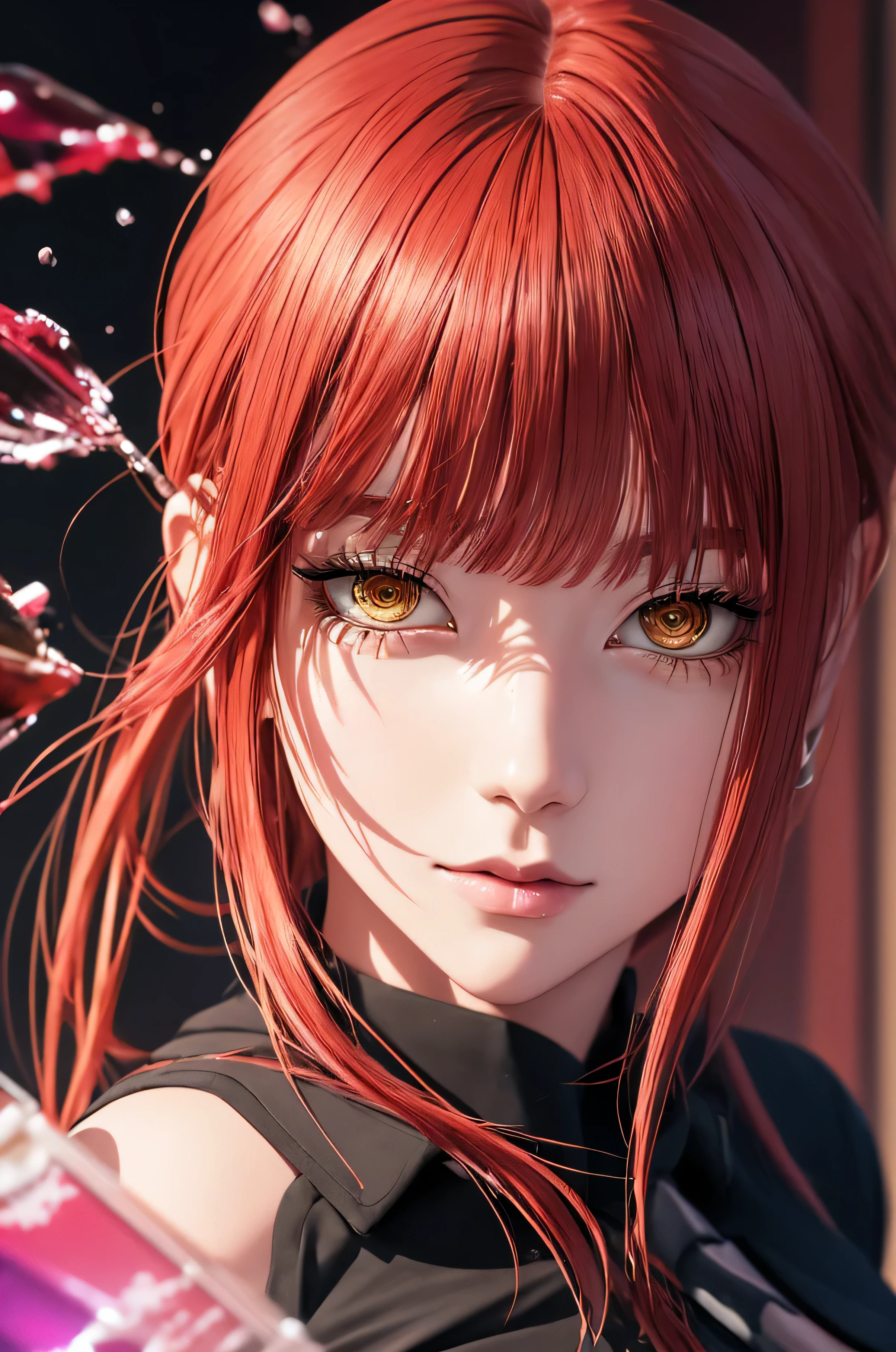 masterpiece, best quality, (extremely detailed CG unity 8k wallpaper, masterpiece, best quality, ultra-detailed, best shadow), (detailed background), (beautiful detailed face, beautiful detailed eyes), High contrast, (best illumination, an extremely delicate and beautiful),1girl,((colourful paint splashes on transparent background, dulux,)), ((caustic)), dynamic angle,beautiful detailed glow,full body, paint splash on face. close up of a woman, anime girl with red long hair and suit and tie posing for a picture, realistic anime 3 d style, android 18, seductive anime girl, anime realism style, attractive anime girl,beautiful alluring anime woman, looking like Makima