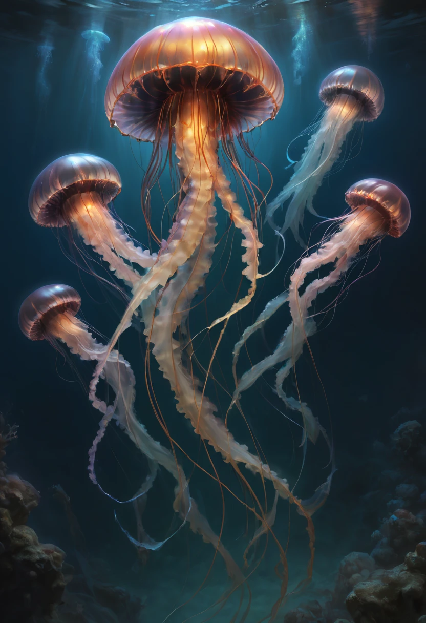 Jellyfish by Antonio J. Manzanedo and Tsutomu Nihei, best quality, masterpiece, Representative work, official art, Professional, Ultra intricate detailed, 8k