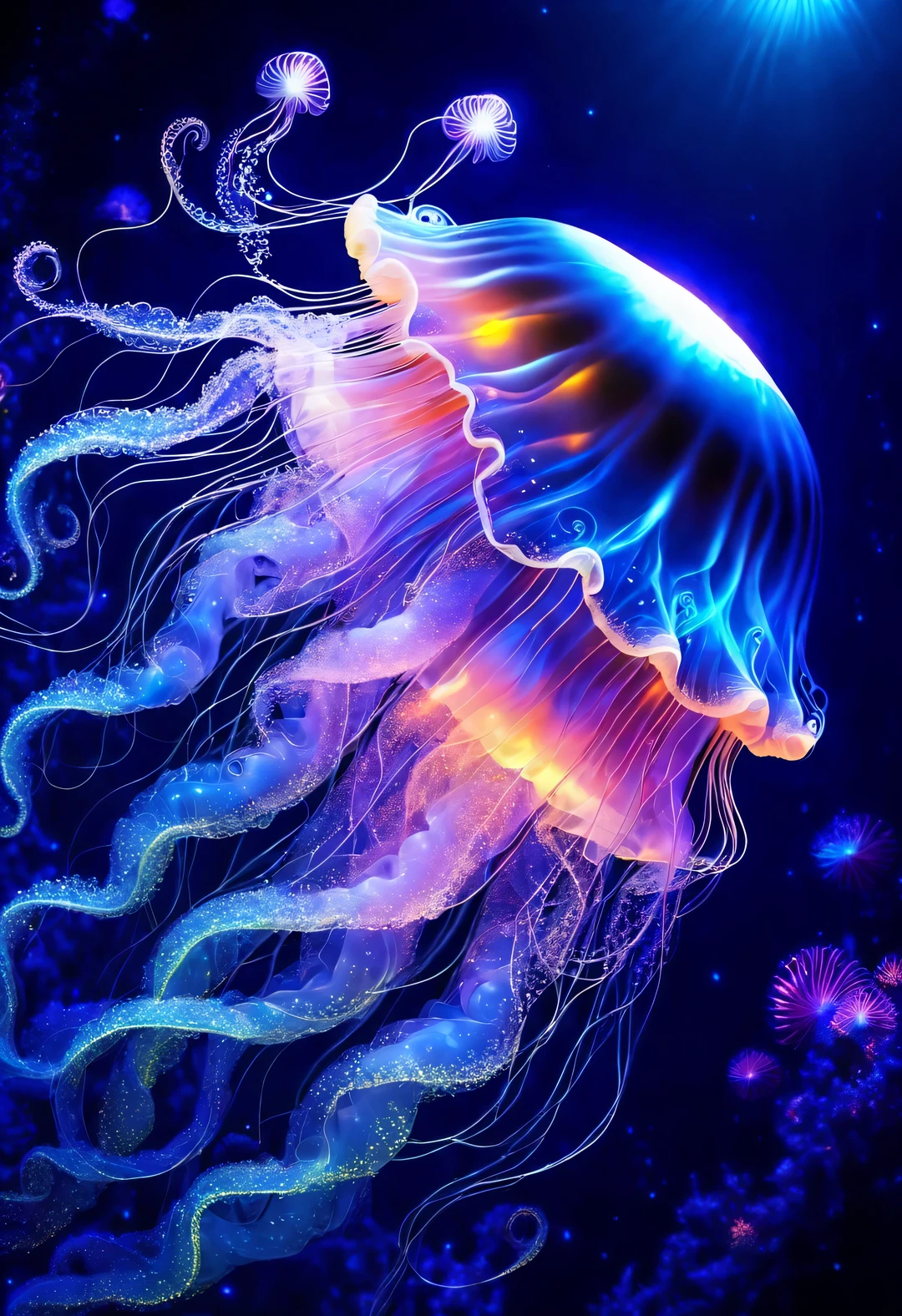 black light art，Aladdin Jellyfish Grandpa，Shining with colorful light，Background dark blue sea bottom，twinkling stars