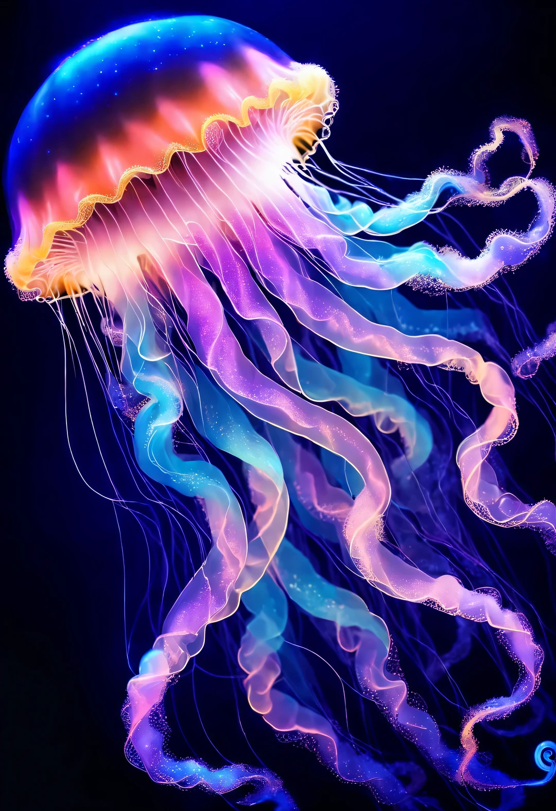 black light art，Aladdin jellyfish fashion model，Shining with colorful light，Background dark blue sea bottom，twinkling stars