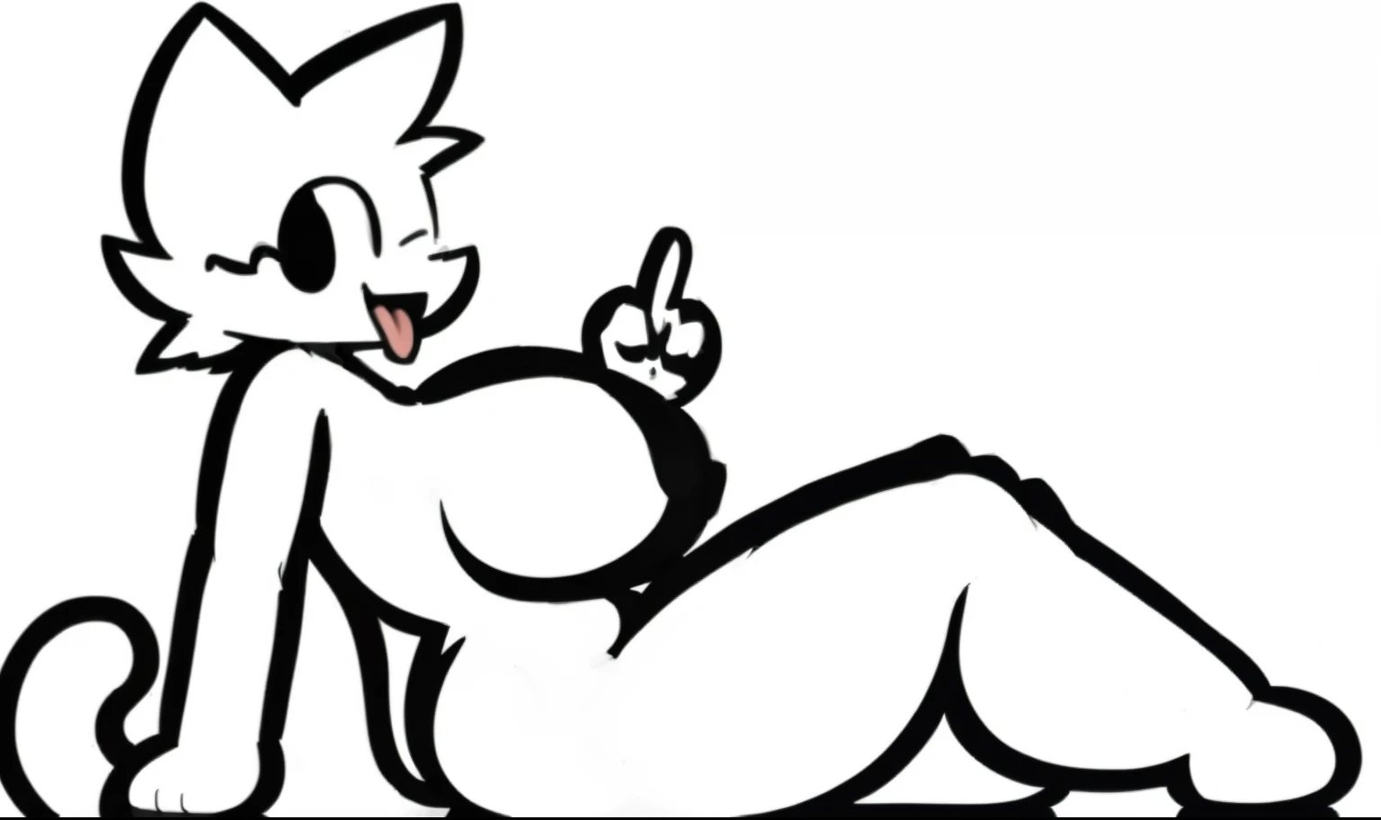 Silly cat, girl, wide hips, cat, antro, white cat,thick legs, body slim, huge , (((side view))), sitting, ((leaning back)), ((showing peace sign)), one eye closed, showing tongue, tall, cartoony,
