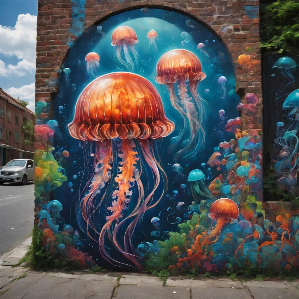(masterpiece, best quality), magical Jellyfish, zentangle, Graffiti Comics on street wall, signed by word "TUPU",