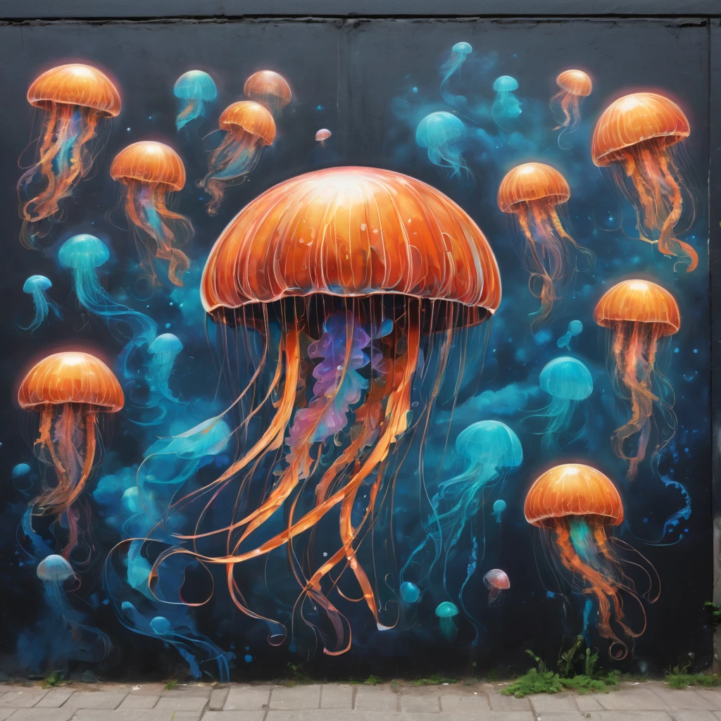 (masterpiece, best quality), magical Jellyfish, zentangle, Graffiti Comics on street wall, signed by word "TUPU",