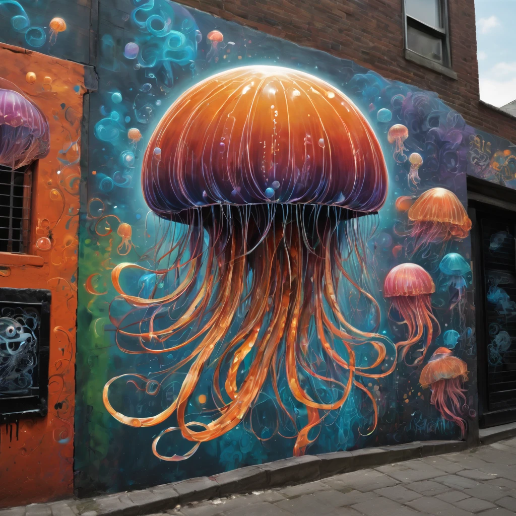 (masterpiece, best quality), magical Jellyfish, zentangle, Graffiti Comics on street wall, signed by word "TUPU",