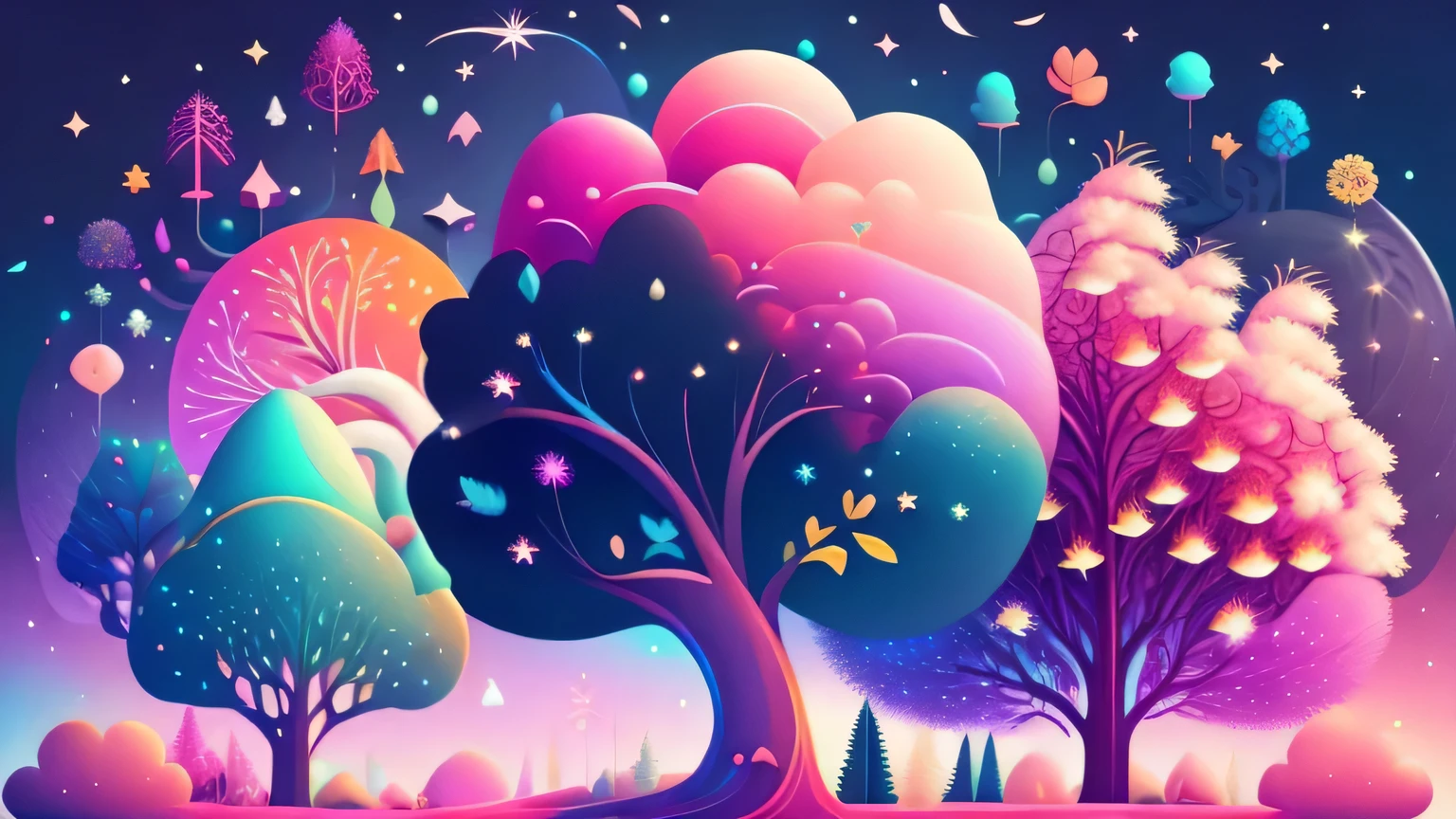 Various beautiful trees, cartoon illustration, sky in a gradient of vibrant colors with twinkling stars. Immerse yourself in a mystical world full of magical elements (weighted at 0.9).