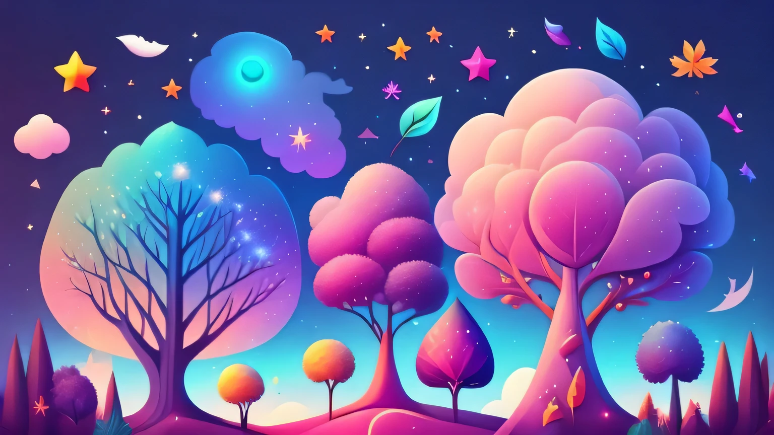 Various beautiful trees, cartoon illustration, sky in a gradient of vibrant colors with twinkling stars. Immerse yourself in a mystical world full of magical elements (weighted at 0.9).