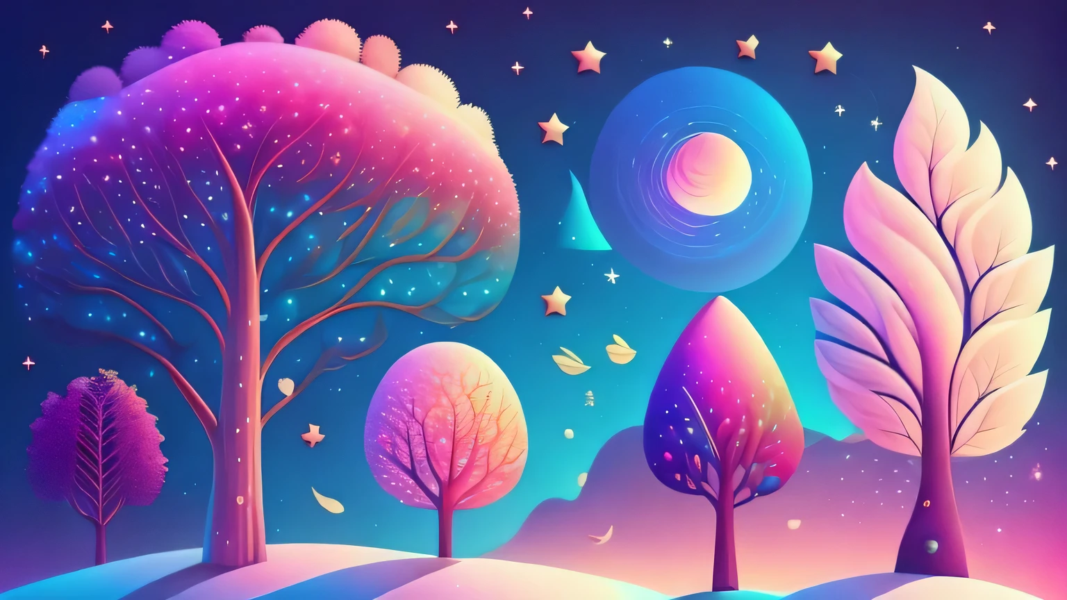 Various beautiful trees, cartoon illustration, sky in a gradient of vibrant colors with twinkling stars. Immerse yourself in a mystical world full of magical elements (weighted at 0.9).