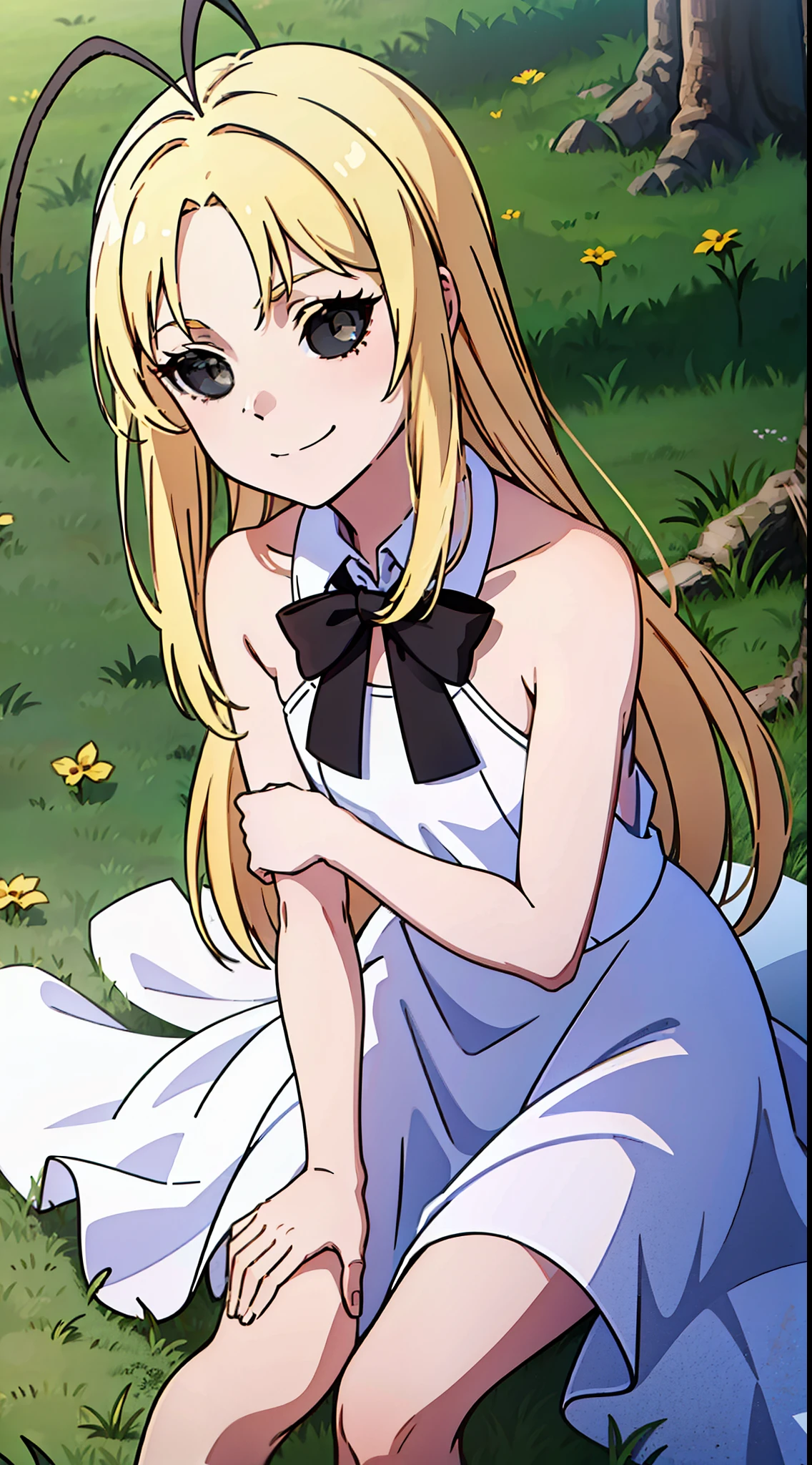 (1girl,10 years old,small),long hair,blonde hair,white dress,sleeveless,bow tie,bare shoulders,(sitting in grass,tree),happy,smile,black sclera,black eyes,(((hair black 2antenna)))
