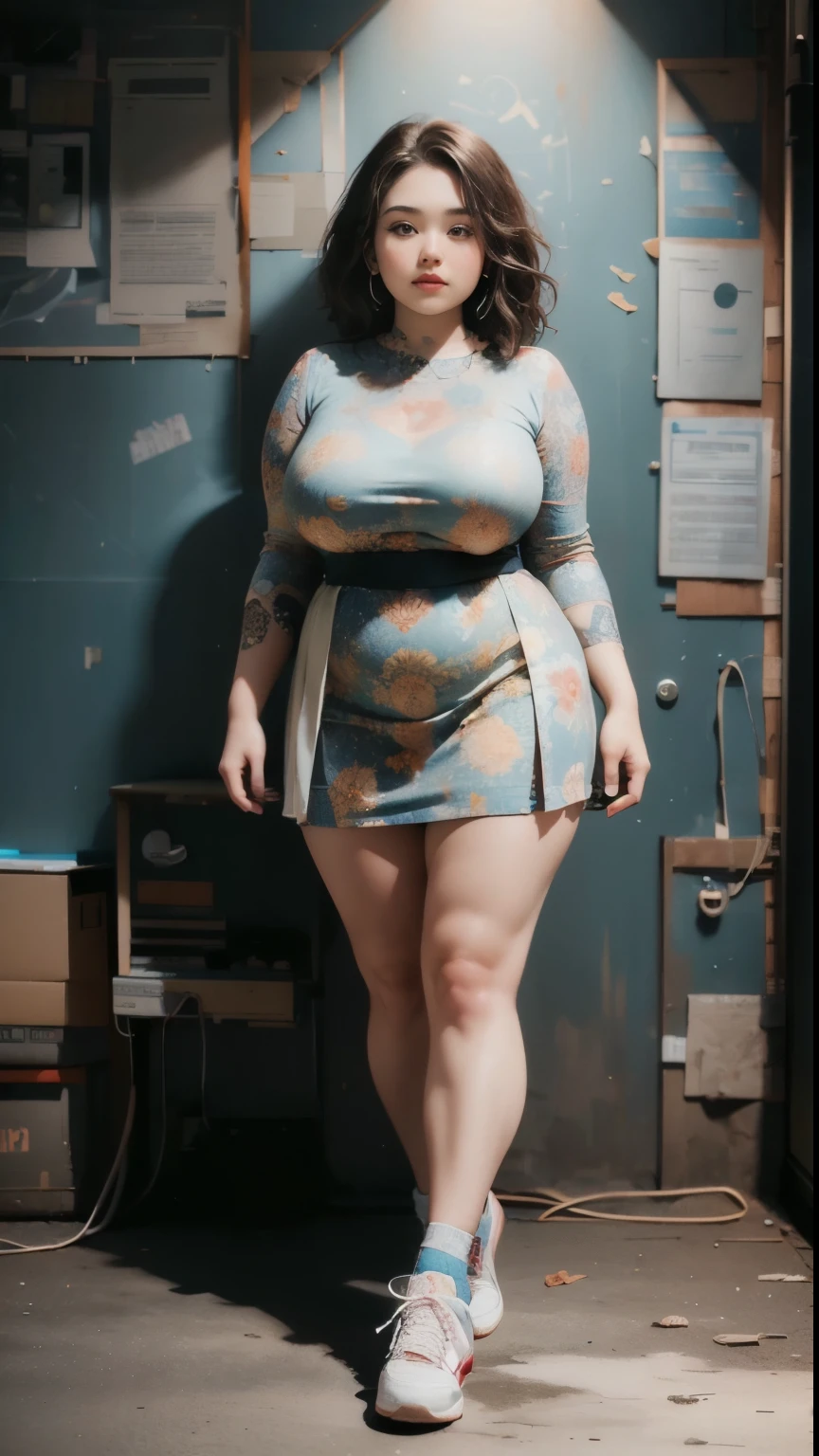 ((best quality)), ((masterpiece)), (detailed), perfect face, ((best quality)), ((masterpiece)), (detailed), perfect face, wanita chubby dewasa, wearing thight dress and thight skirt, chubby cheeks, chubby arm, chubby thighs, big breasts, wearing a sneakers, medium hair style, full body photoshoot, tattooed body , walk pose in a dark room , tattooed all over hands, slightly fat arms , fat thighs