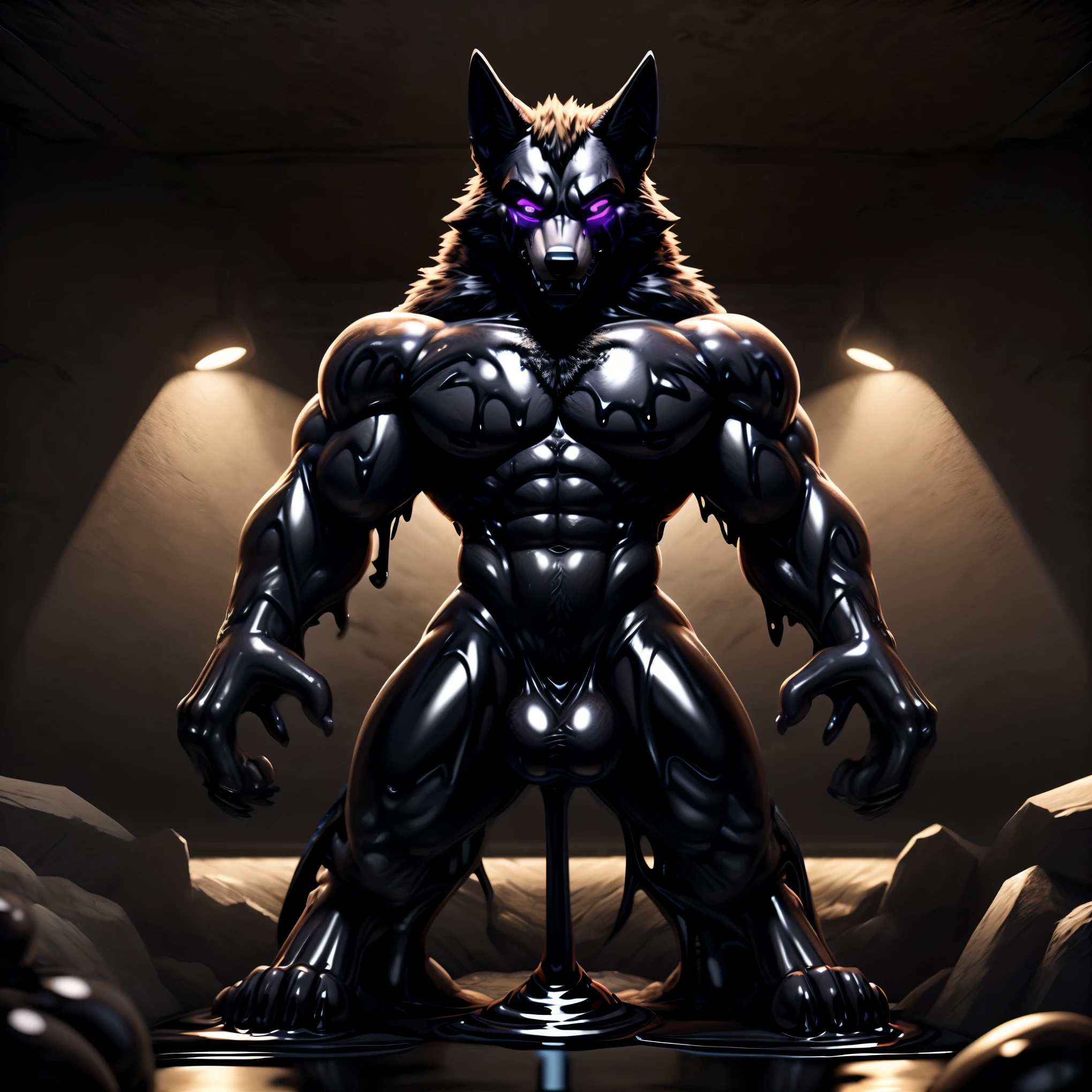 Front view, SFW, a muscular wolf, Standing straight, grinning, ((glowing purple eyes)), (((purple latex skin))), (((more glowing purple tattoo))), (((goo dripping))), all over the body, thick thigh, in a ((goo lake)), (big arms: 1.3), chests, (big thighs:1.3), four arms, The high-quality, 4k resolution, The artwork is a masterpiece.