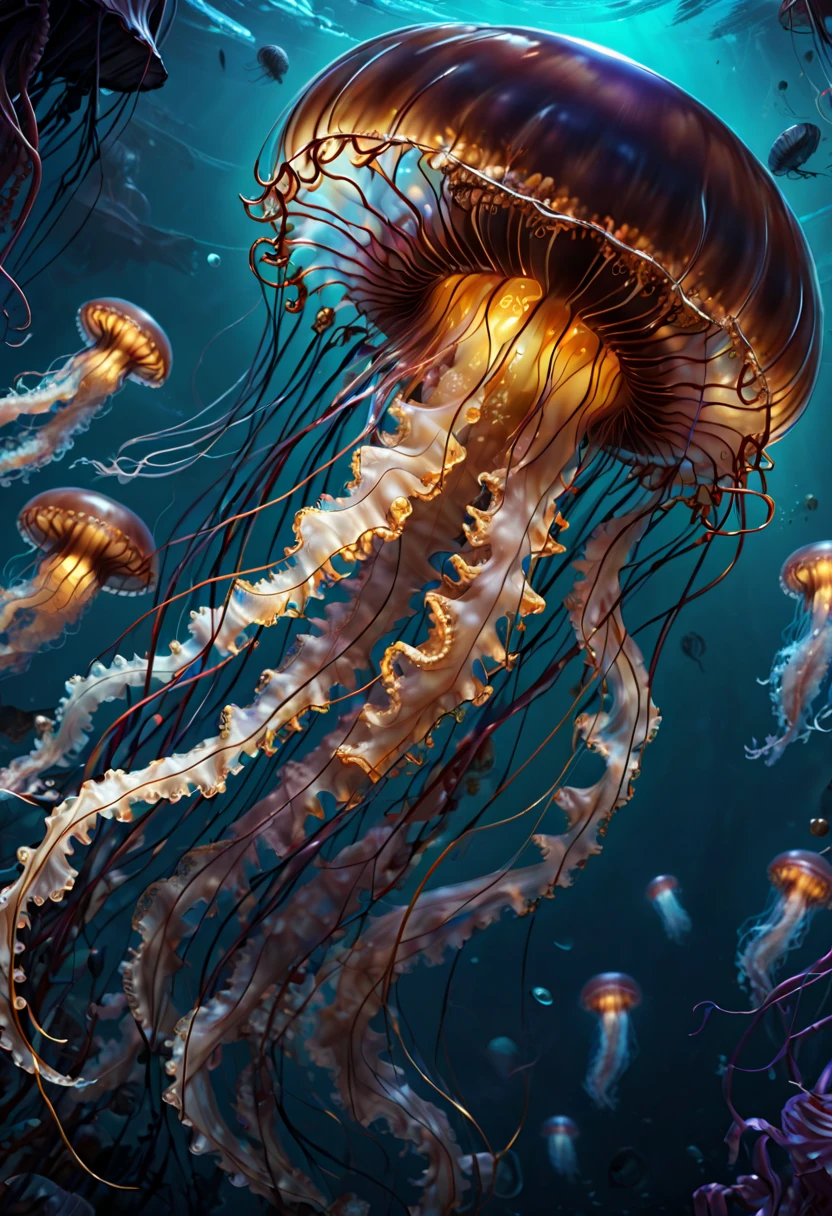 Jellyfish, Capture the ethereal dance of light and shadow in a stunning monochromatic photograph with selective color details, revealing the hidden poetry of Bioluminescence, undersea, (realistic, photorealistic, RAWphoto:1.2), octane render, (best quality, masterpiece, Representative work, official art, Professional, Ultra intricate detailed, 8k:1.3)