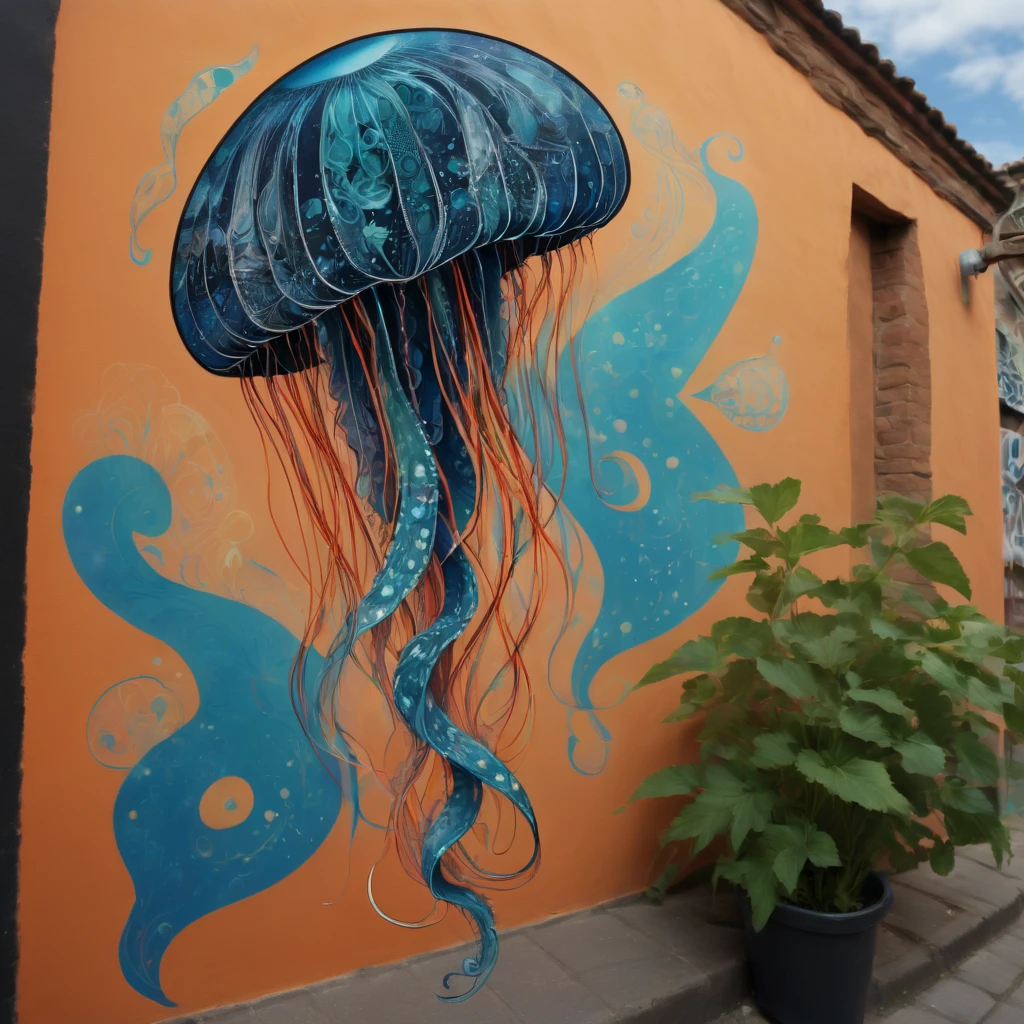 (masterpiece, best quality), magical Jellyfish, zentangle, Graffiti Comics on street wall, signed by word "TUPU",