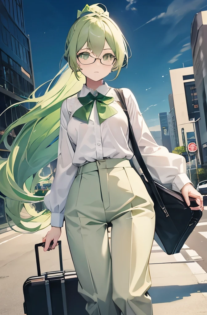 Full Body Shot、light green semi-long hair、pale green eyes、ponytail、pants、スーツpants、bowtie blouse、suitcase、office Street、、small breasts、glasses、running、impatient、morning、whole body、angle from below