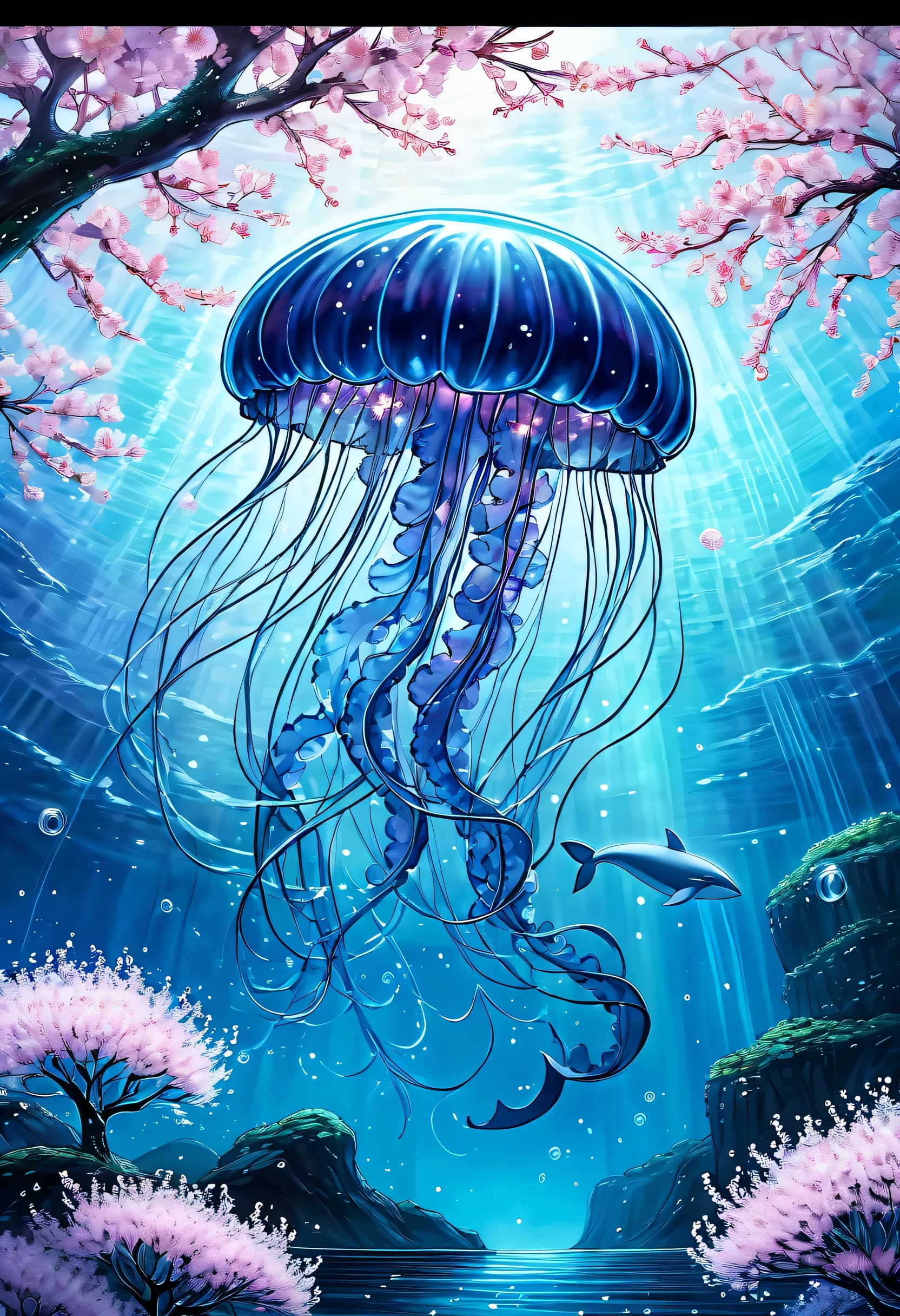 A whale is diving behind the jellyfish, In the center of the frame sits a fascinating neuron jellyfish, A blizzard of cherry blossoms dances on the transparent body, Two long, delicate tentacles extend gracefully., While seeing the shining particles, dance like a little star, The metallic texture of the jellyfish's body catches the light., Add otherworldly beauty to your scene, Vibrant and immersive oil painting imagination, Intricate details and attractive colors, high quality, 最high quality, dark tone contrast, absurd solution,