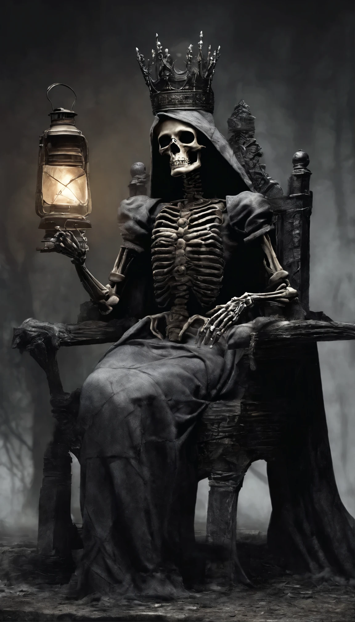 an antique armchair and sitting in it, a skeleton of a man with a hat in front of a table where an old radio is playing, which suggests that he is listening to the radio. Around them shadows, ghosts of souls that also listen to the radio, their surroundings seem like that of a very old house, dusty spider webs.  It causes a feeling of fear, through the window you can see an old forest.