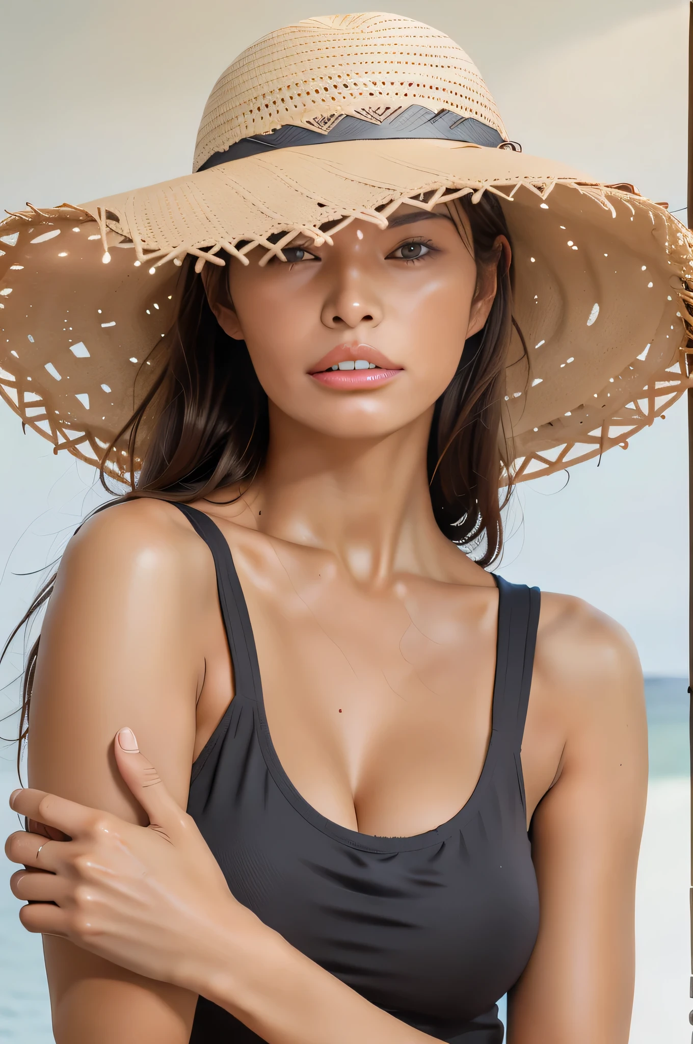 Arafed woman in a brown hat with large brim, wearing straw hat, In a wide hat from the sun, wearing huge straw hat, with straw hat, straw hat, in Hat, wear a traveling hat, Wearing a hat, straw, in Hat, wear a cute hat, tanned complexion, sombrero, Wears a damaged hat, black sun hat