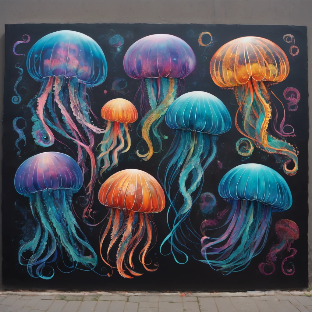 (masterpiece, best quality), magical Jellyfish, zentangle, Graffiti on street wall, signed by word "TUPU",