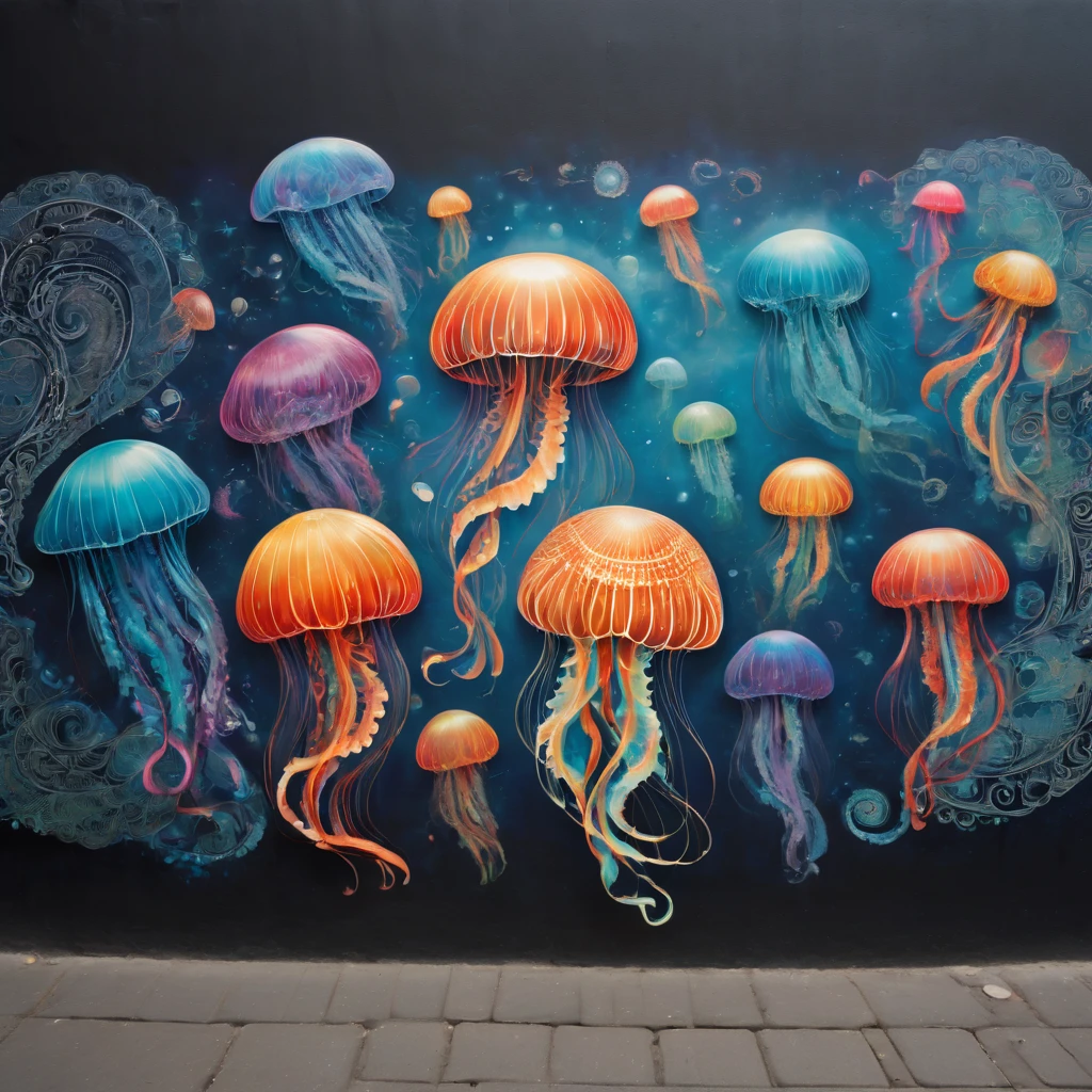 (masterpiece, best quality), magical Jellyfish, zentangle, Graffiti on street wall, signed by word "TUPU",