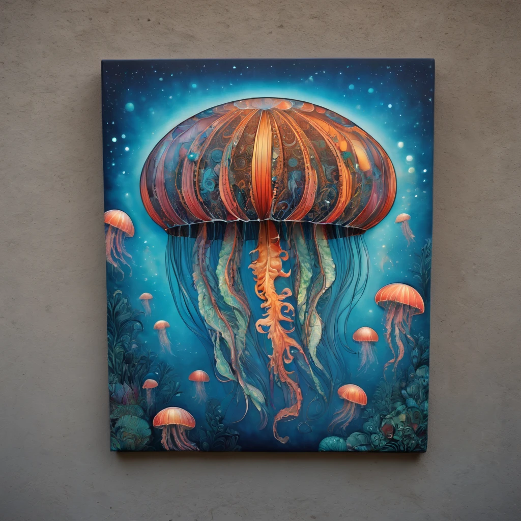 (masterpiece, best quality), magical Jellyfish, zentangle, Graffiti on street wall, signed by word "TUPU",