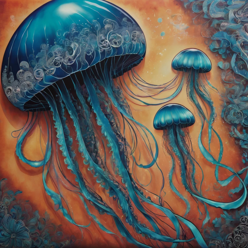 (masterpiece, best quality), magical Jellyfish, zentangle, Graffiti Comics on street wall, signed by word "TUPU",