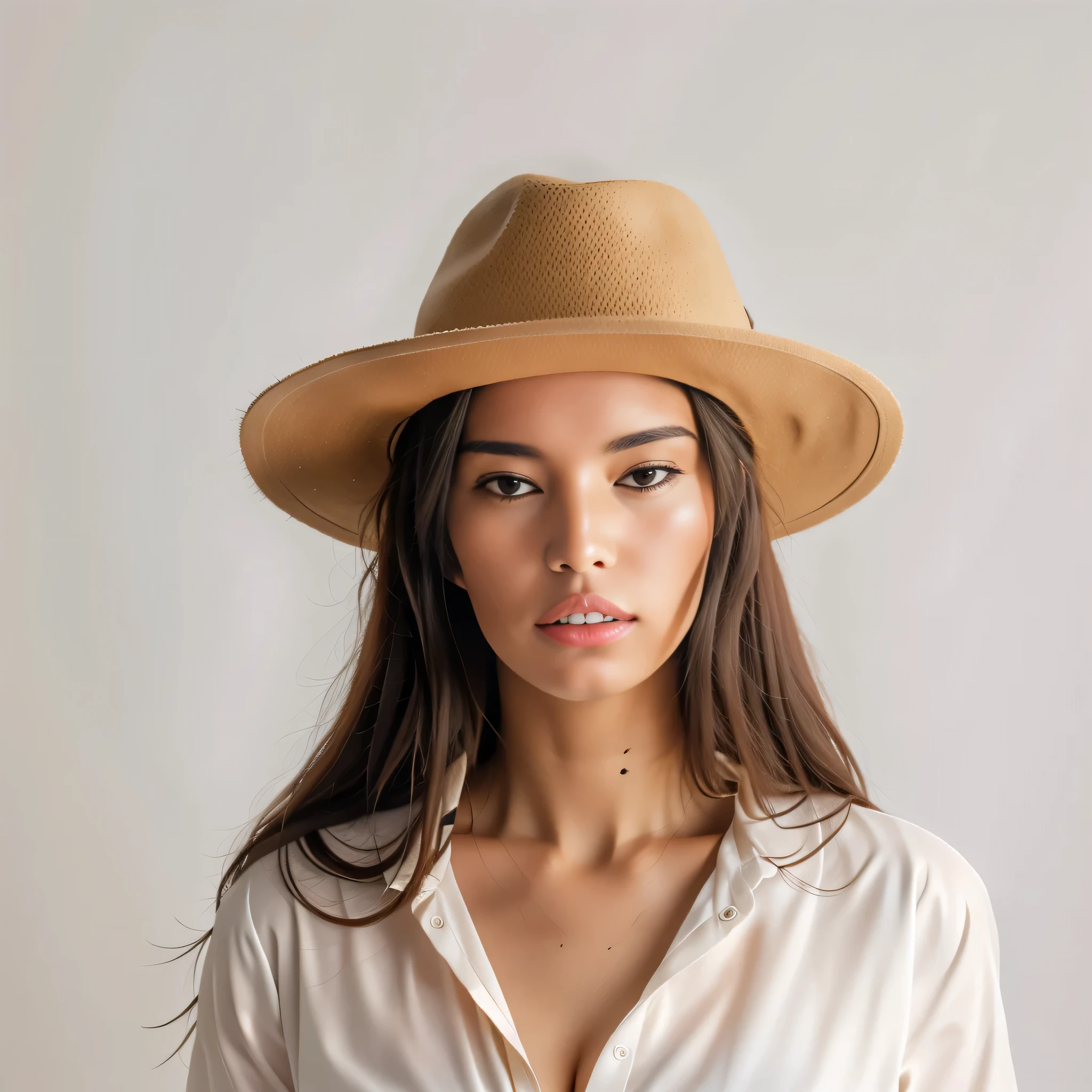 arafed woman Wearing a hat and a white shirt, beige fedora hat, wearing a fedora hat, brown hat, in Hat, she is Wearing a hat, woman in Hat, in Hat, faded fedora hat, fedora hat, Wearing a hat, High has, wear a traveling hat, pointy hat, John shouted, caracter with brown hat, full product shot