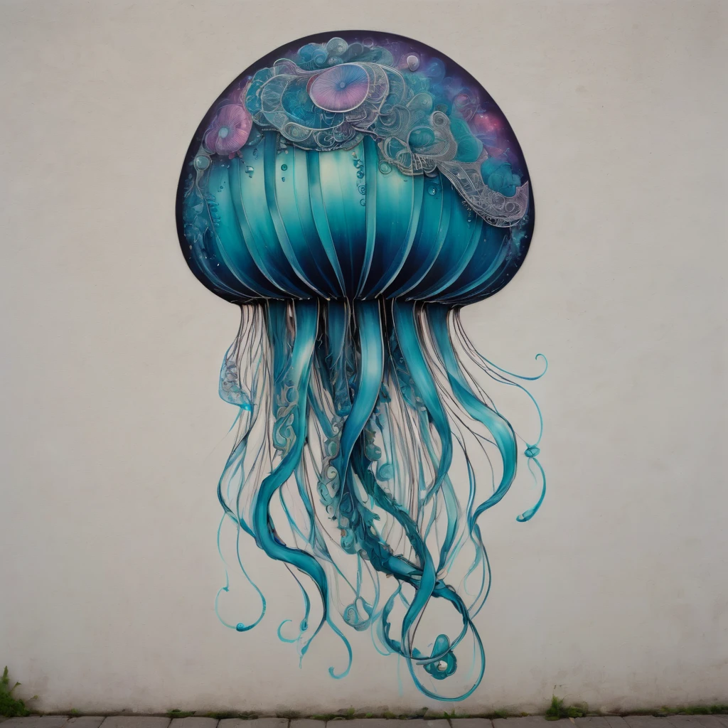 (masterpiece, best quality), magical Jellyfish, zentangle, Graffiti on street wall, signed by word "TUPU",