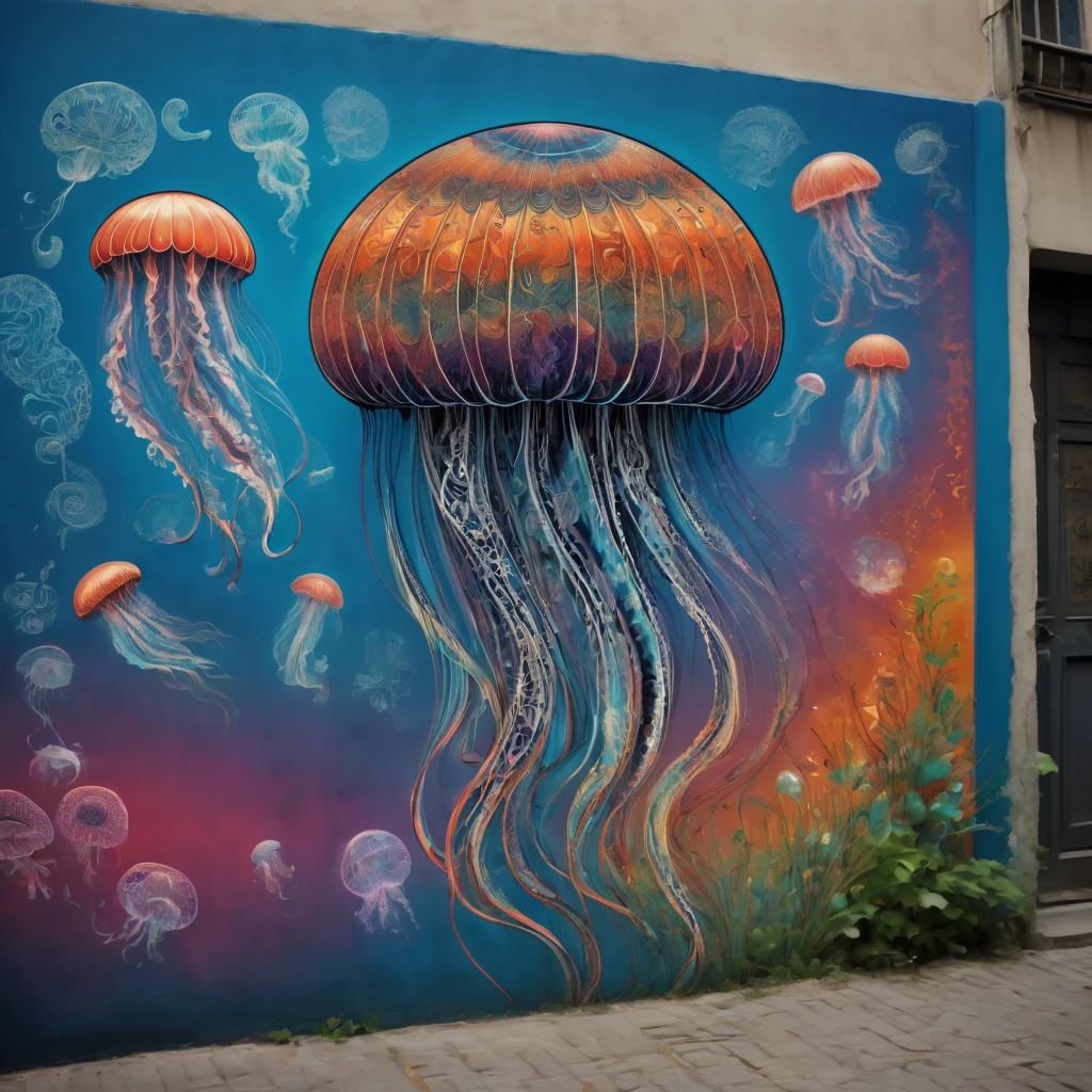 (masterpiece, best quality), magical Jellyfish, zentangle, Graffiti Comics on street wall, signed by word "TUPU",