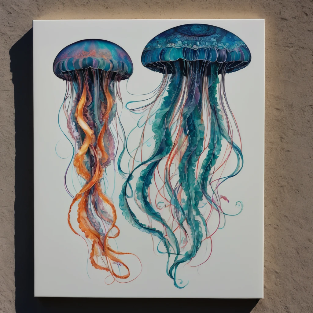 (masterpiece, best quality), magical Jellyfish, zentangle, Graffiti on street wall, signed by word "TUPU",
