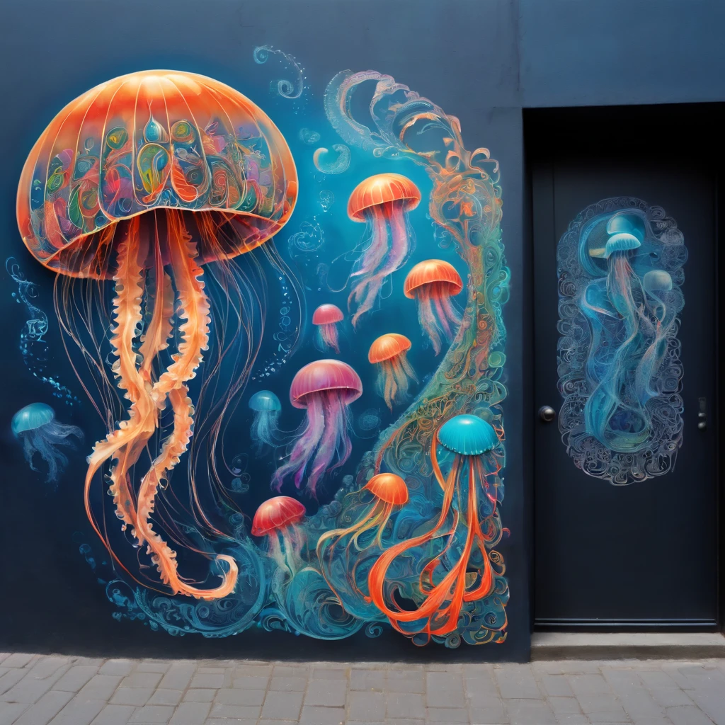(masterpiece, best quality), magical Jellyfish, zentangle, Graffiti Comics on street wall, signed by word "TUPU",