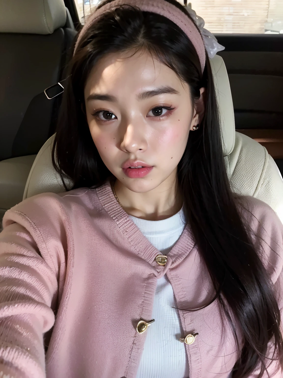arafed asian woman wearing a pink sweater and headband sitting in a car, Jennie rosa negra, aparcar desde-min, lee ji - eun, lee ji-eun, jaeyeon nam, heonhwa choe, kim doyoung, parque roseanne de blackpink, jossi de blackpink, ulzzang, kim taejin, sha xi, jinyoung shin, wenfei ye, jennie blackpink