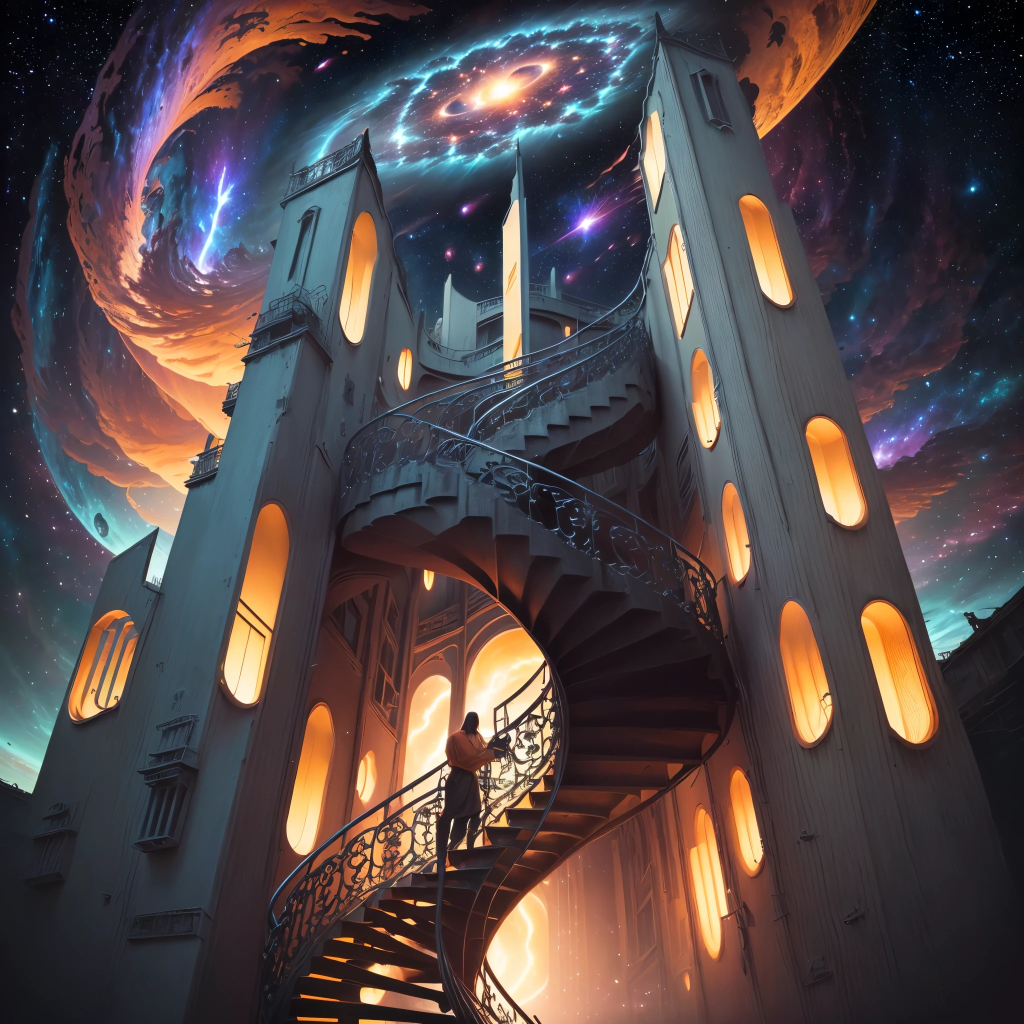 ((best quality)), ((masterpiece)), (high detail), (high resolution), Stare at the infinite length of the universe, endless galaxies, , black hole, exploding supernova, floating stars, endless spiral staircase, nebula, Relaxed, atmosphere, bright, Mike Escher, The Art of Sense Ijaye, Minimalism, Numeric code rotation, Matte painting