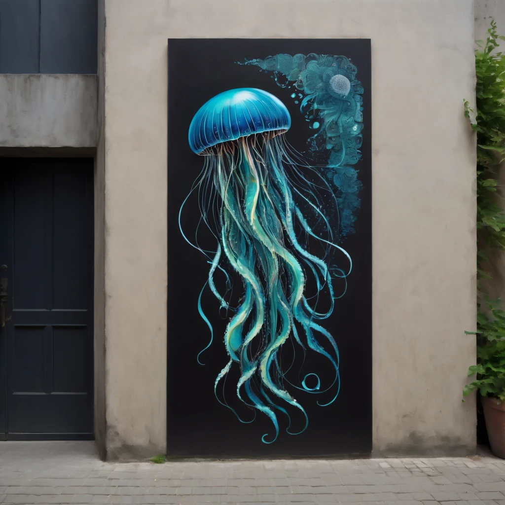 (masterpiece, best quality), magical Jellyfish, zentangle, Graffiti Comics on street wall, signed by word "TUPU",