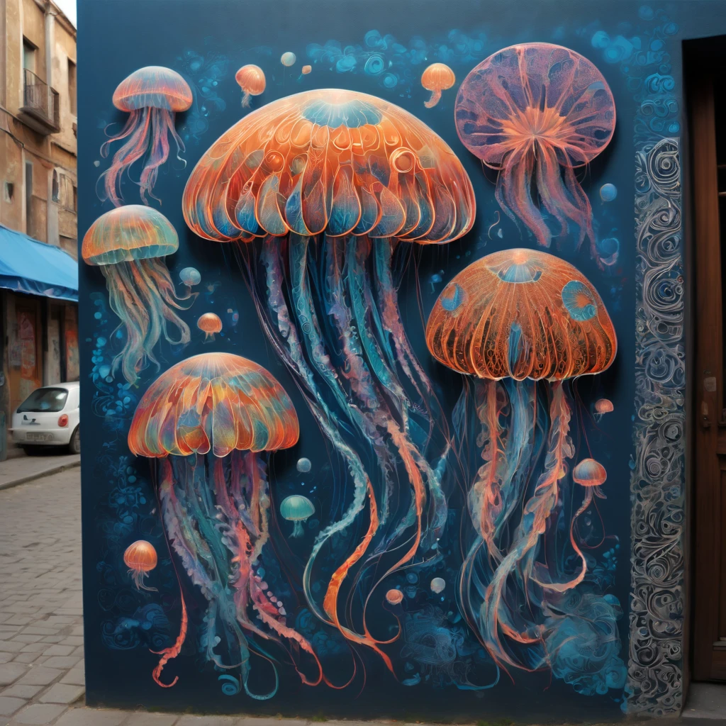 (masterpiece, best quality), magical Jellyfish, zentangle, Graffiti on street wall, signed by word "TUPU",