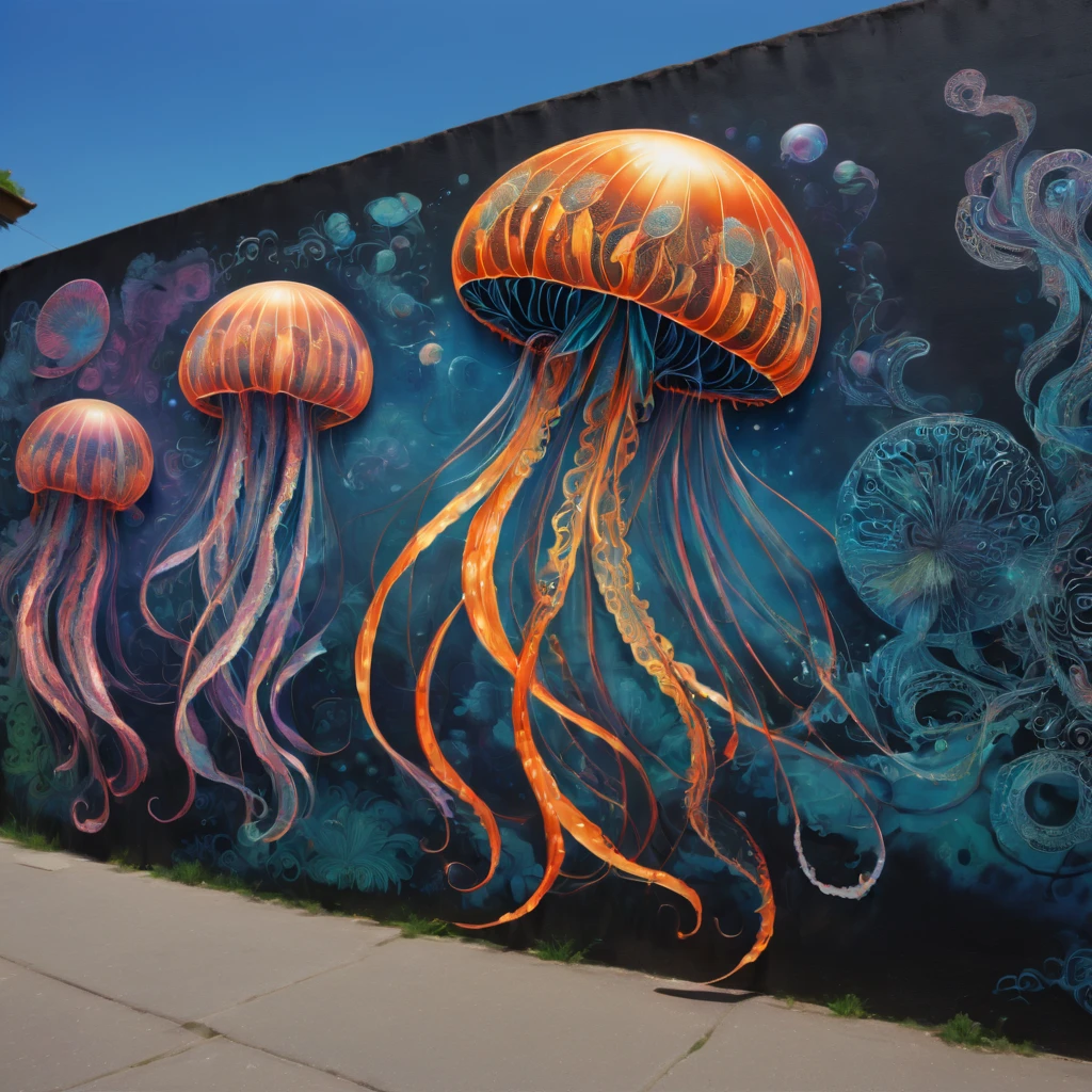 (masterpiece, best quality), magical Jellyfish, zentangle, Graffiti Comics on street wall, signed by word "TUPU",