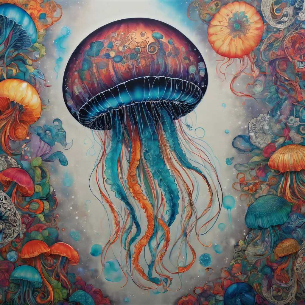 (masterpiece, best quality), magical Jellyfish, zentangle, Graffiti on street wall, signed by word "TUPU",